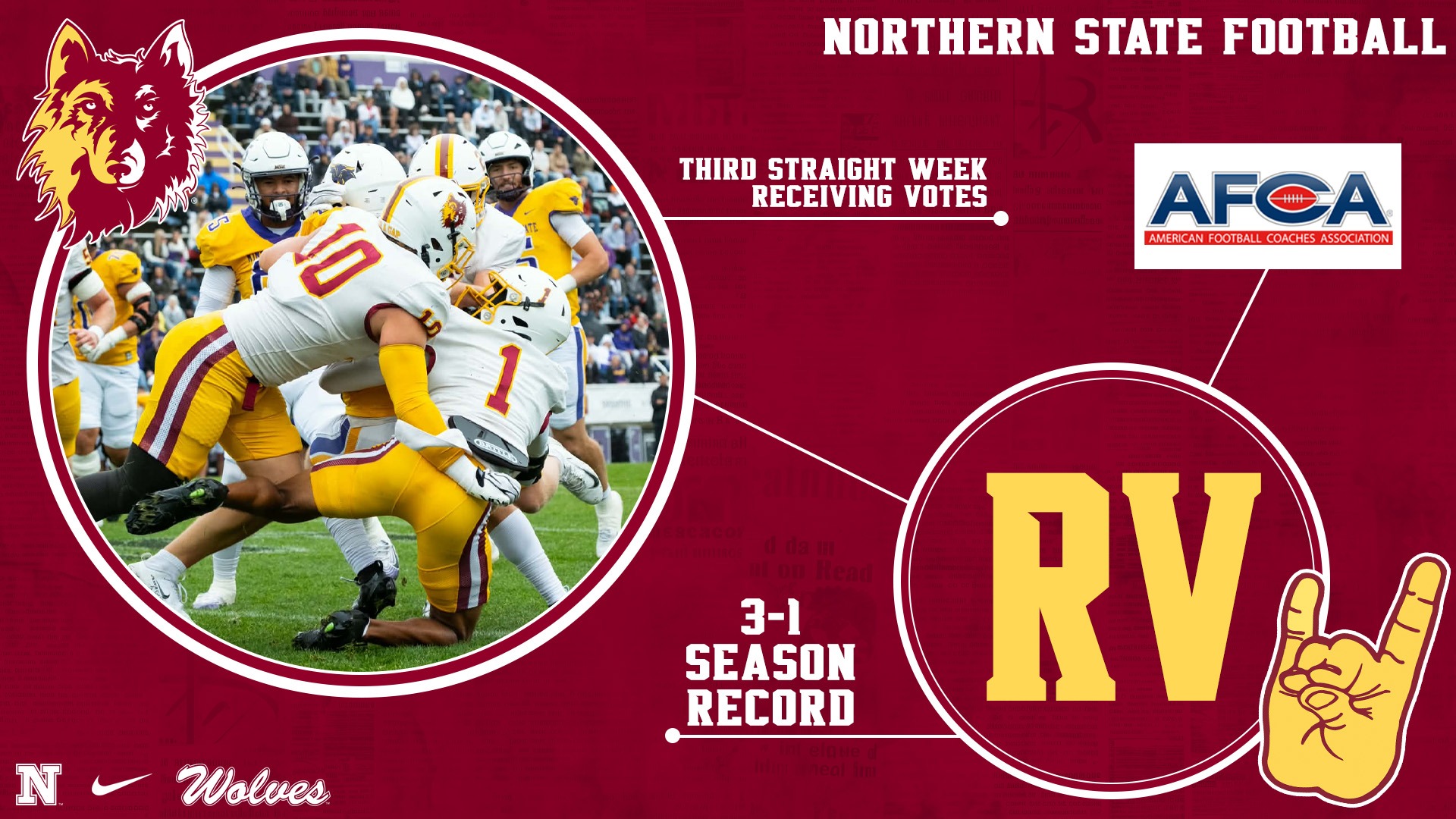 Graphic showing Northern State Football receiving AFCA national ranking votes for the third straight week. The design features a game-action photo, the Wolves logo, a large “RV” for receiving votes, and text noting a 3-1 season record.