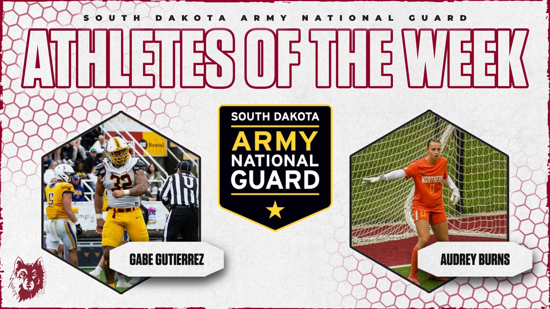 South Dakota Army National Guard Athletes of the Week graphic featuring Northern State football player Gabe Gutierrez and soccer player Audrey Burns.