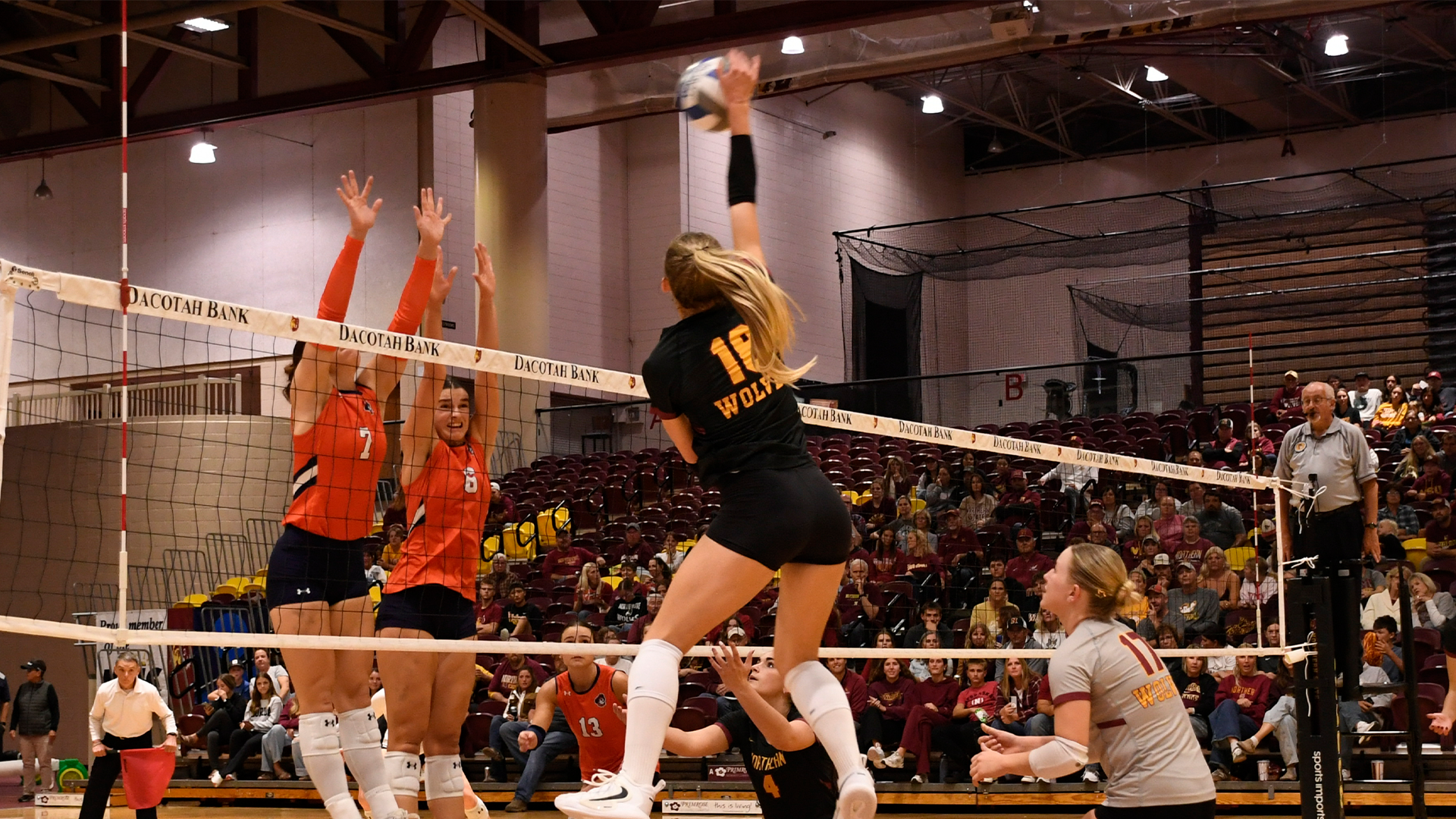 9.27 Volleyball Preview - Linnea Nesheim contacts the ball on an attack in the win over UMary