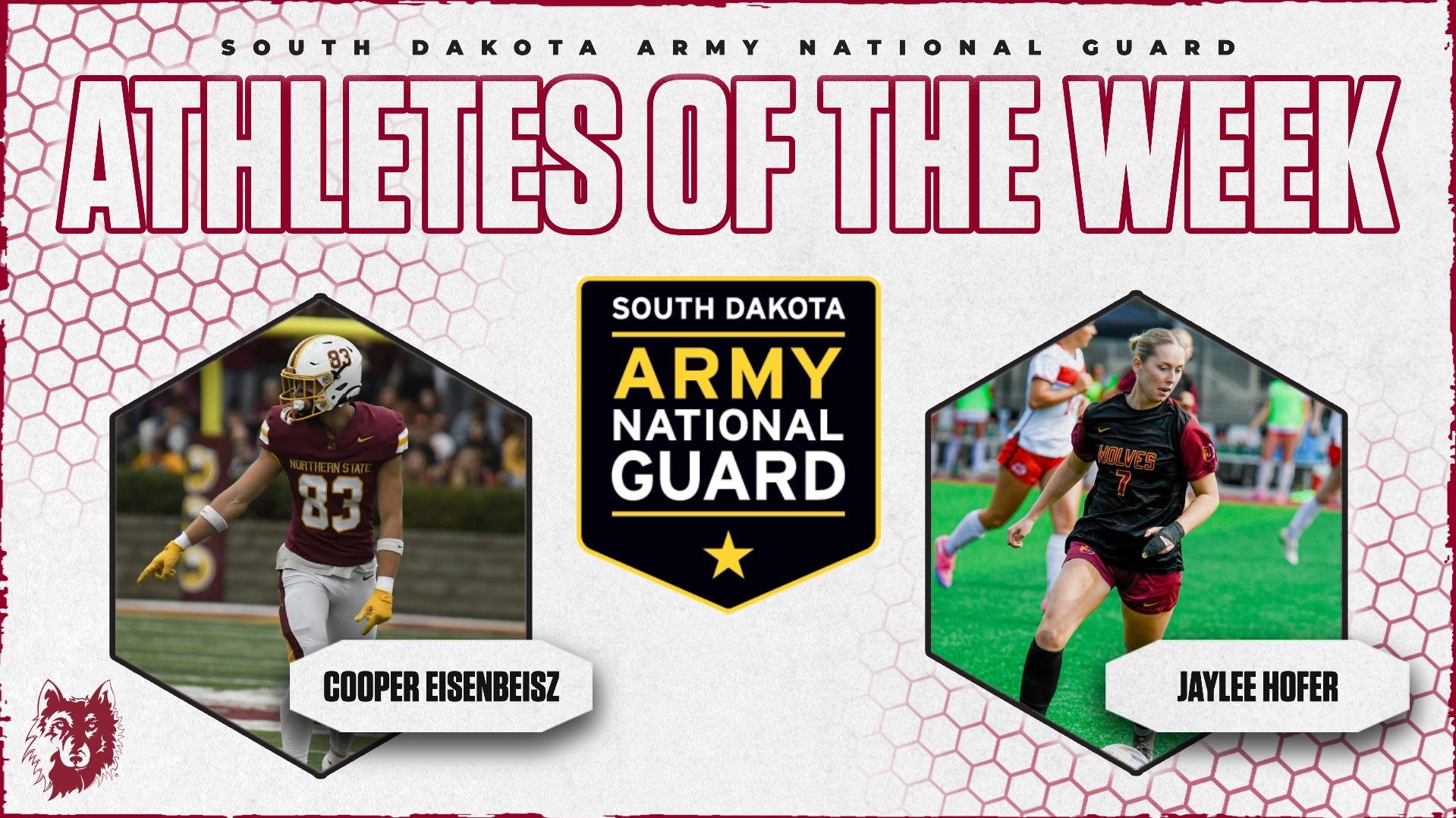 South Dakota Army National Guard Athletes of the Week graphic featuring Northern State football player Cooper Eisenbeisz and soccer player Jaylee Hofer.