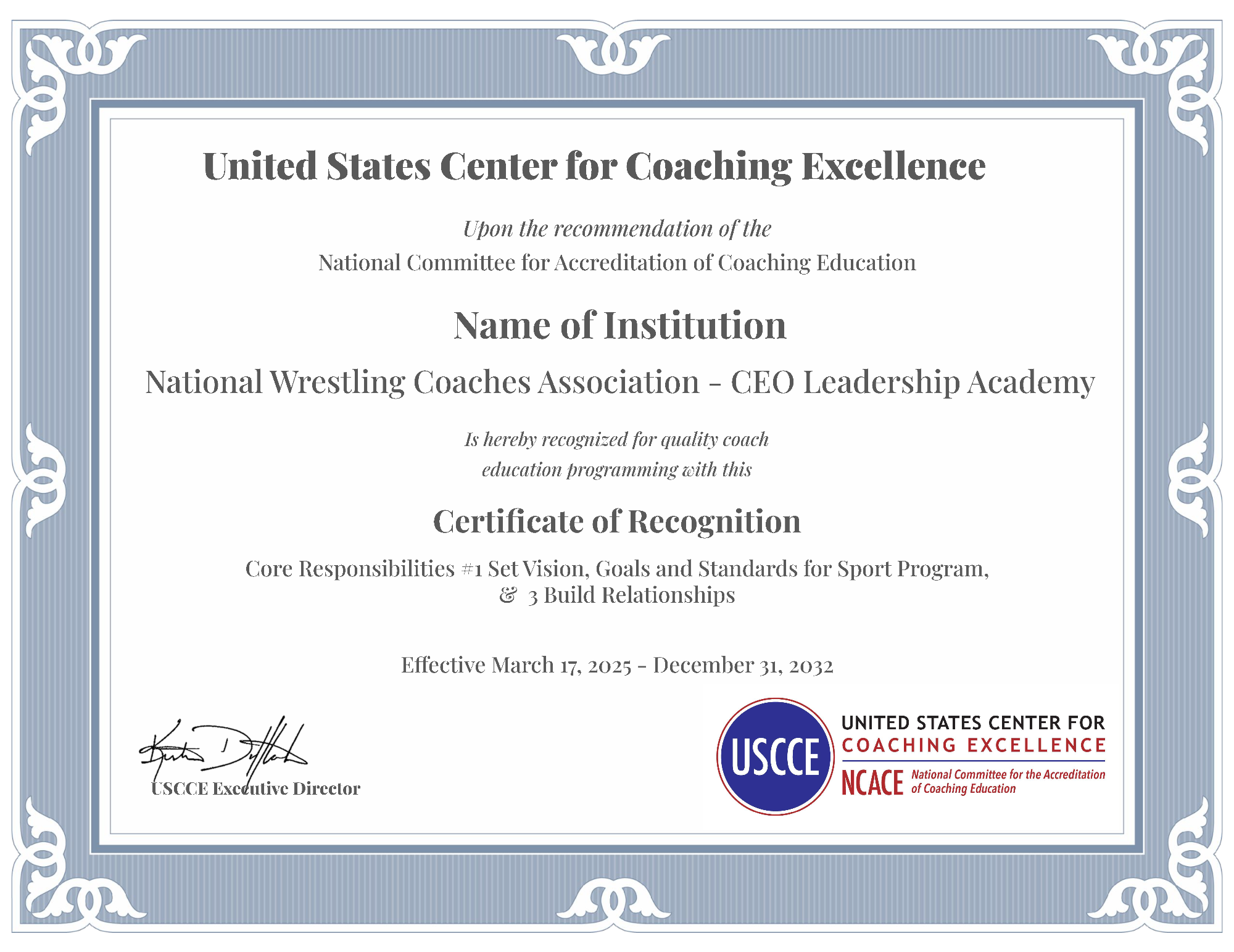USCCE NCACE Program Recognition Certificate for the National Wrestling Coaches Association CEO Leadership Academy