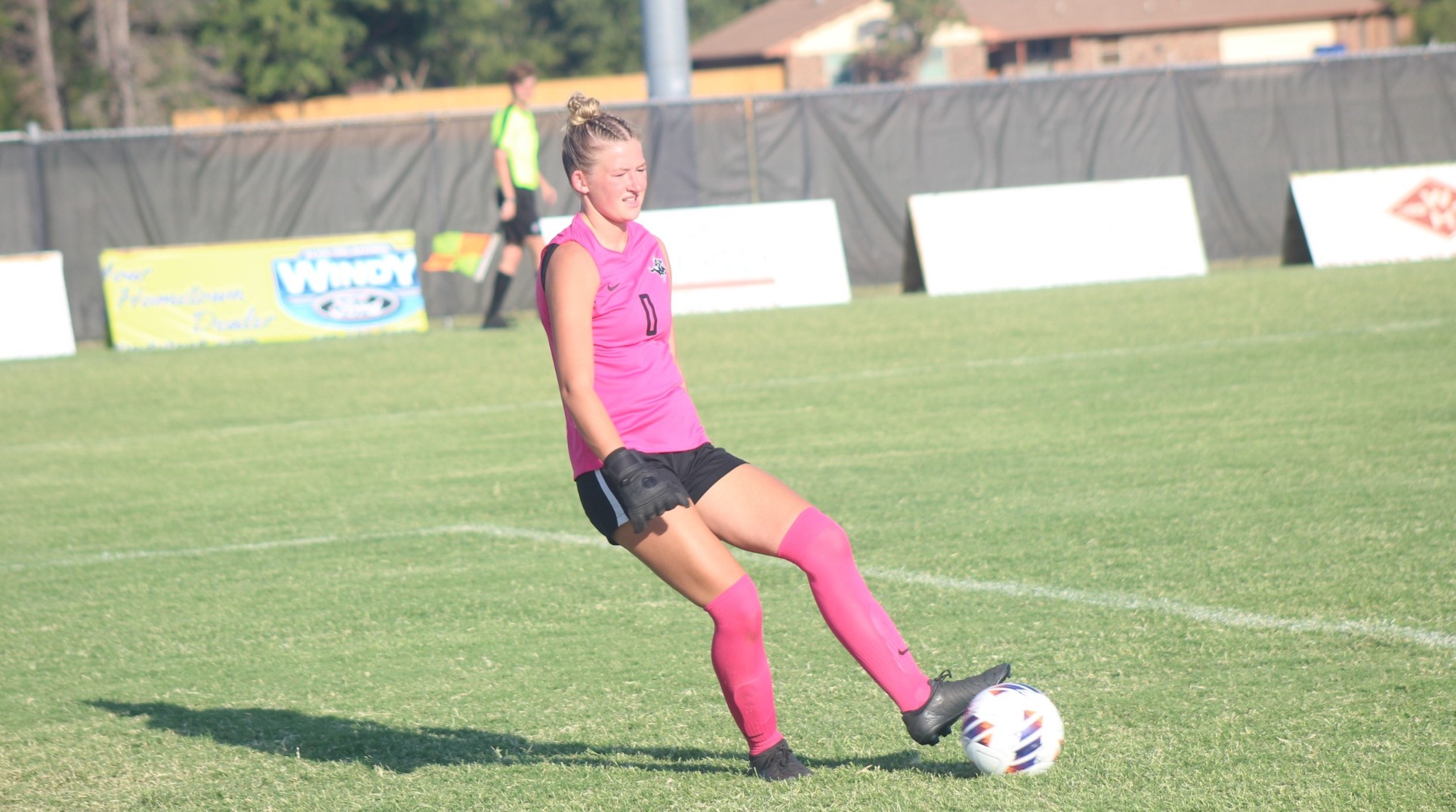NWOSU soccer player Taylor Annen kicks the ball 