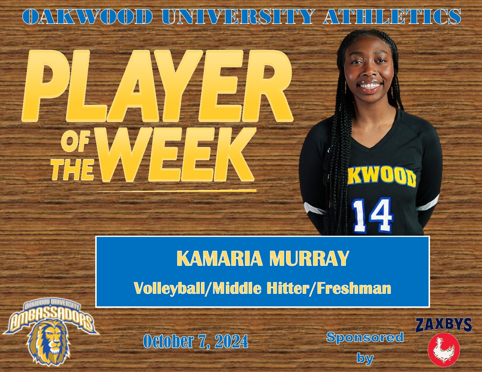OAKWOOD'S MURRAY TAKES HOME WEEK 8 HBCUAC VOLLEYBALL AWARD Oakwood