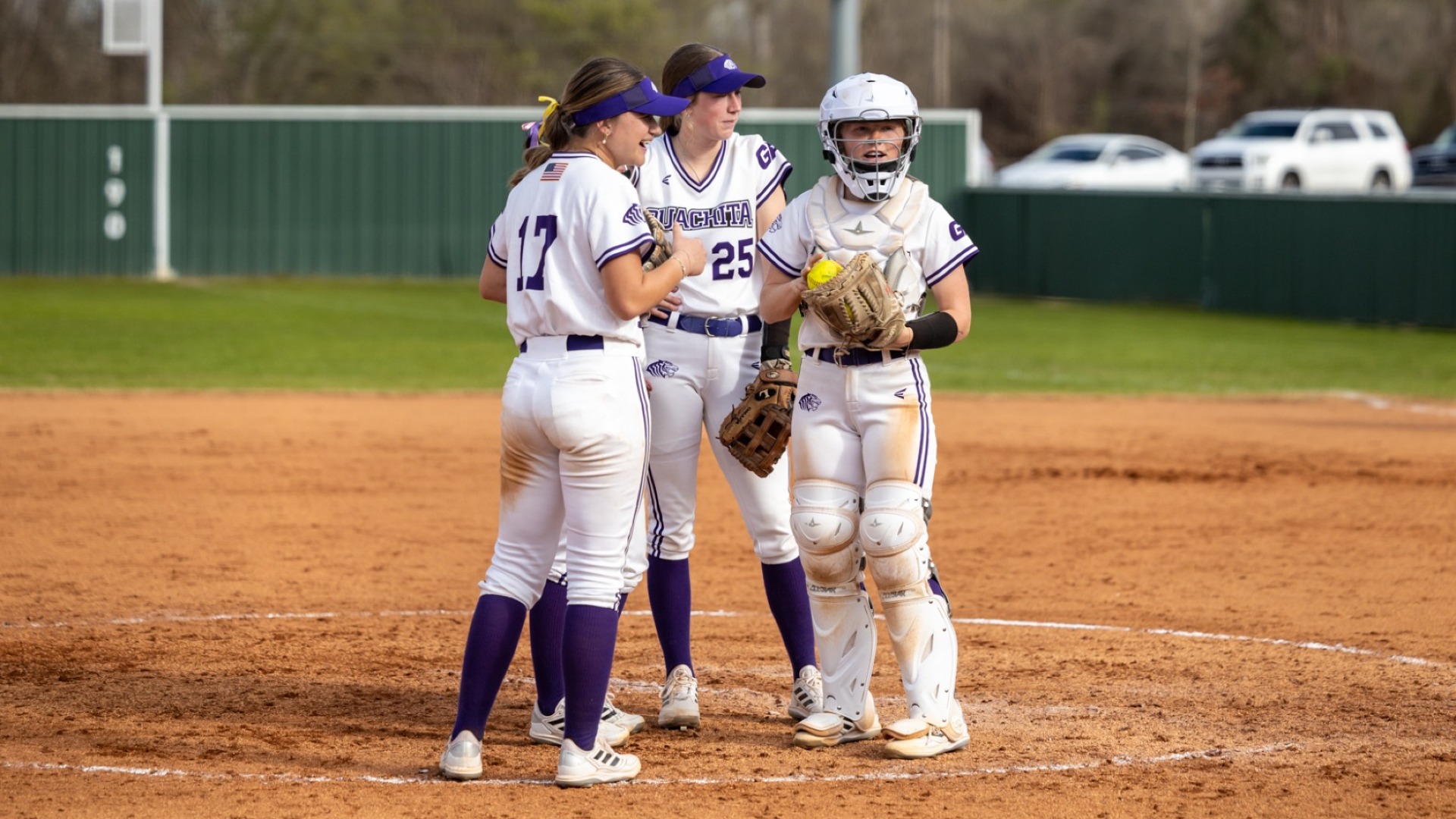 Davidson, McCoy, Merrett gather during pitching change vs Harding