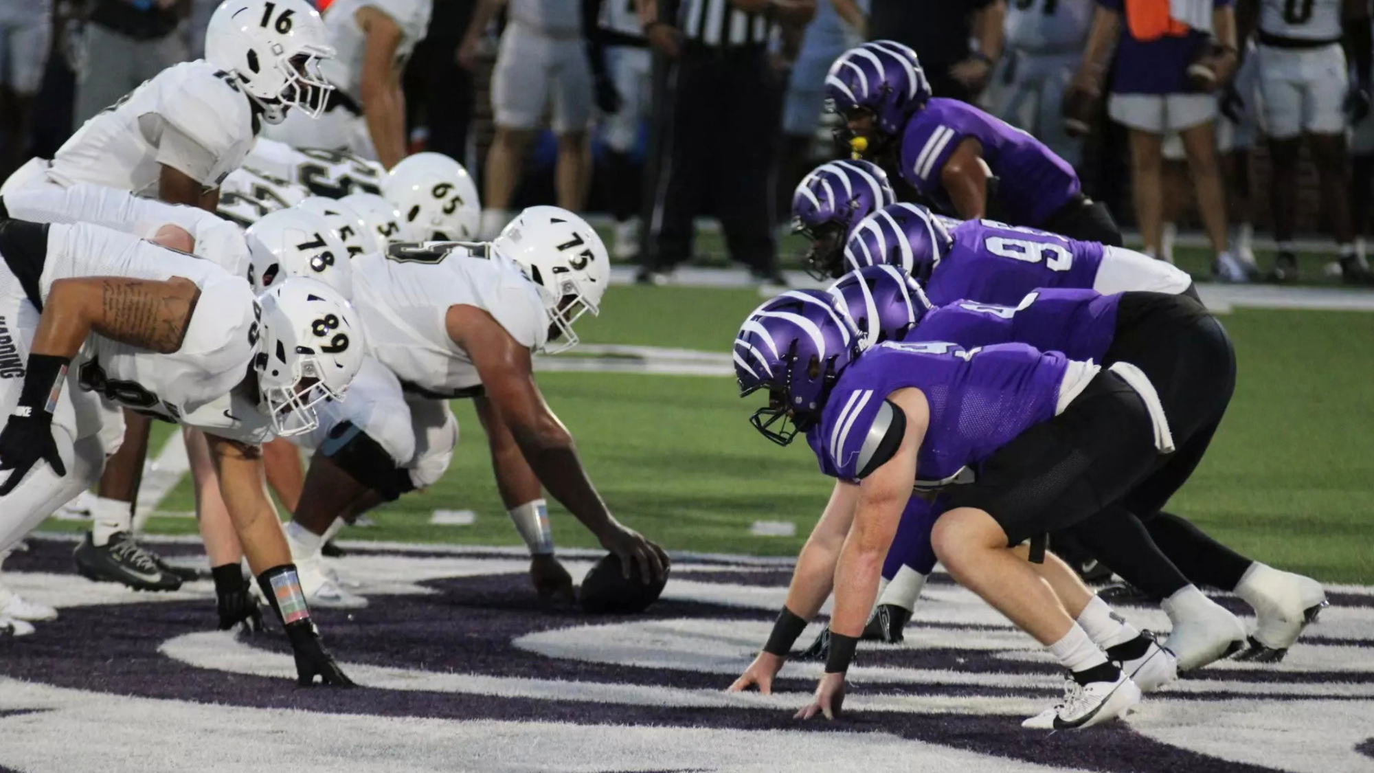 Defense line of scrimmage vs Harding 2026