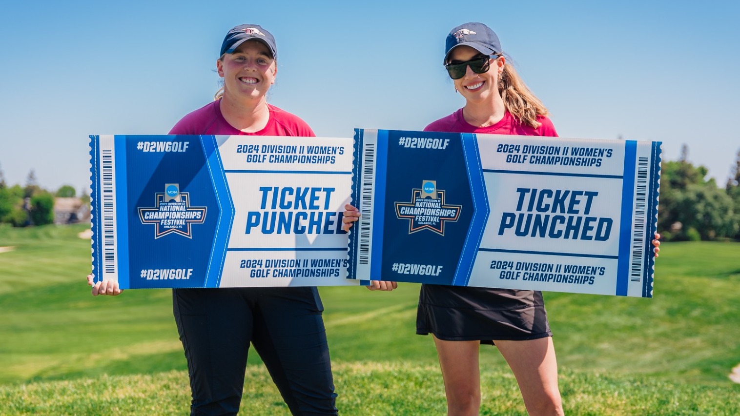 Maria Torres and Sofia Benavides holding their tickets to the 2024 NCAA Championships