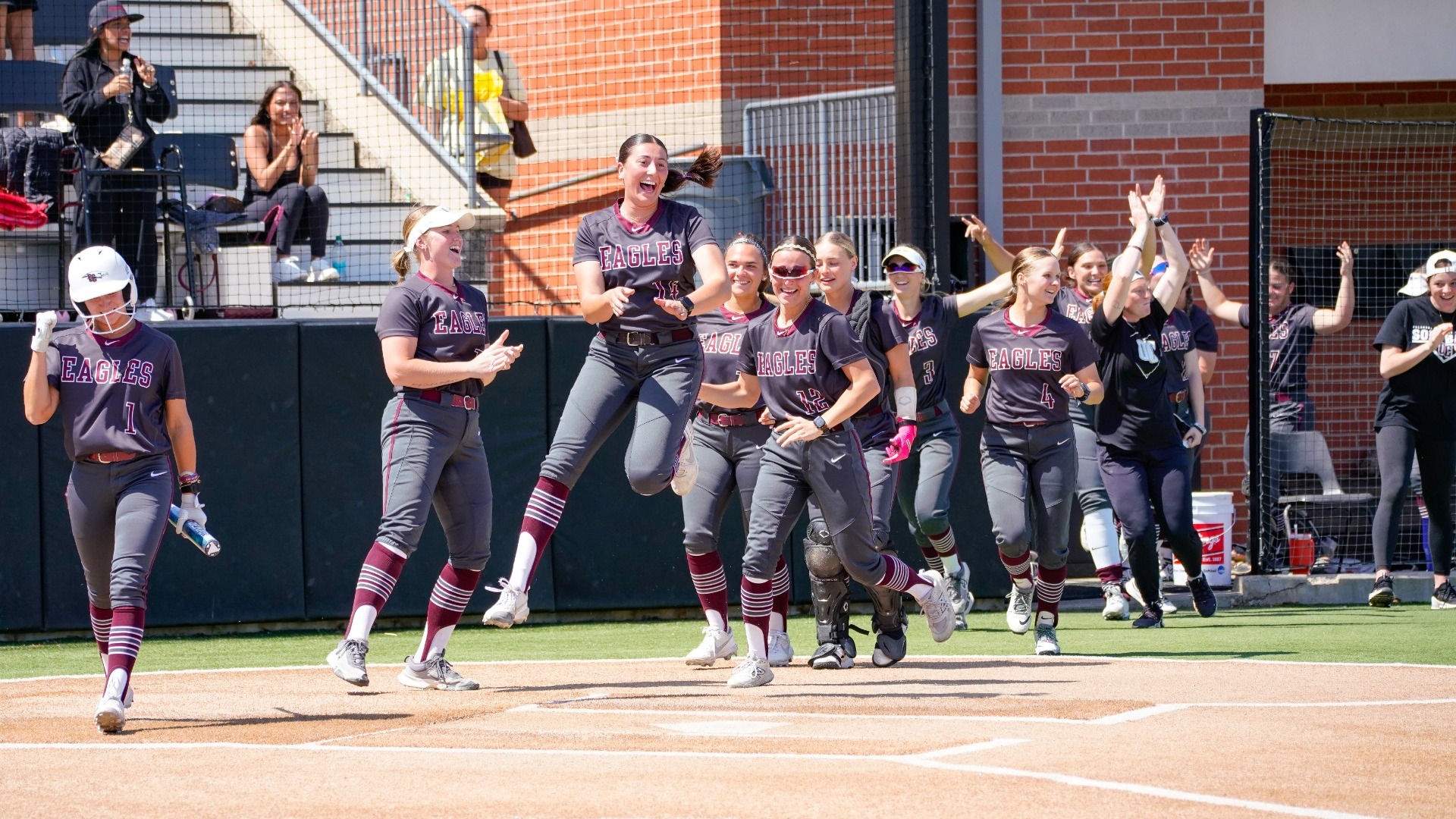 Softball celebrating home run at home plate