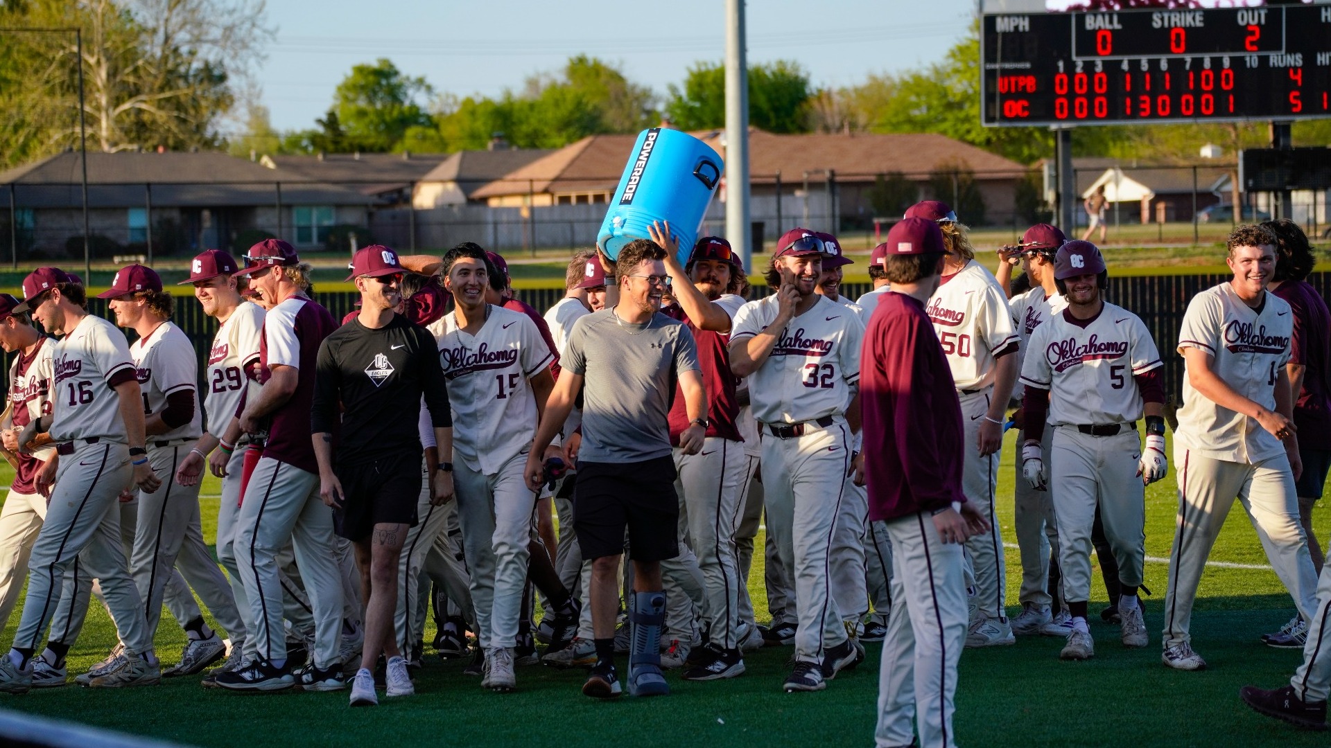Celebration after Thomas' walk-off vs. UTPB