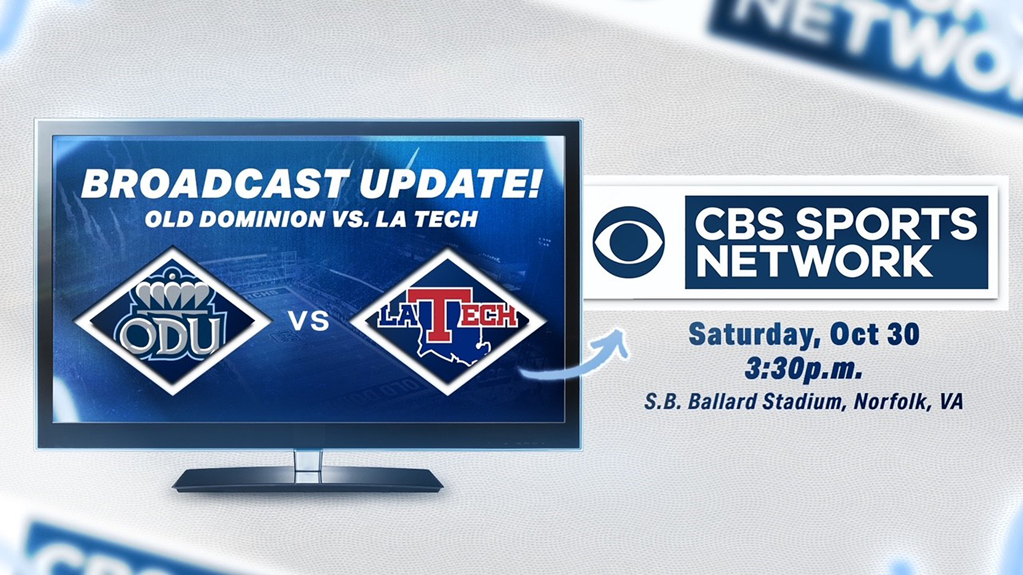CBS Sports Network to Televise ODU’s Home Game Against LA Tech on Oct
