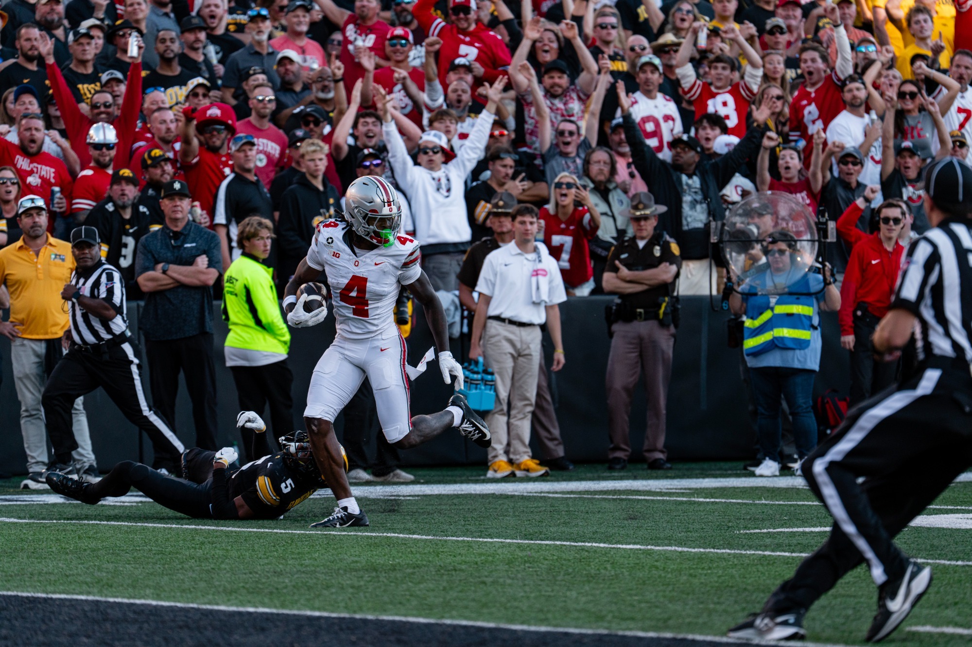 Ohio State wide receiver Jeremiah Smith number 4 running with the football against Iowa during the October 3 2026 game at Kinnick Stadium