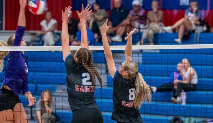 Miley Myers and Marley Robbins Blocking Bethany Outside Hitter Skylar Brady