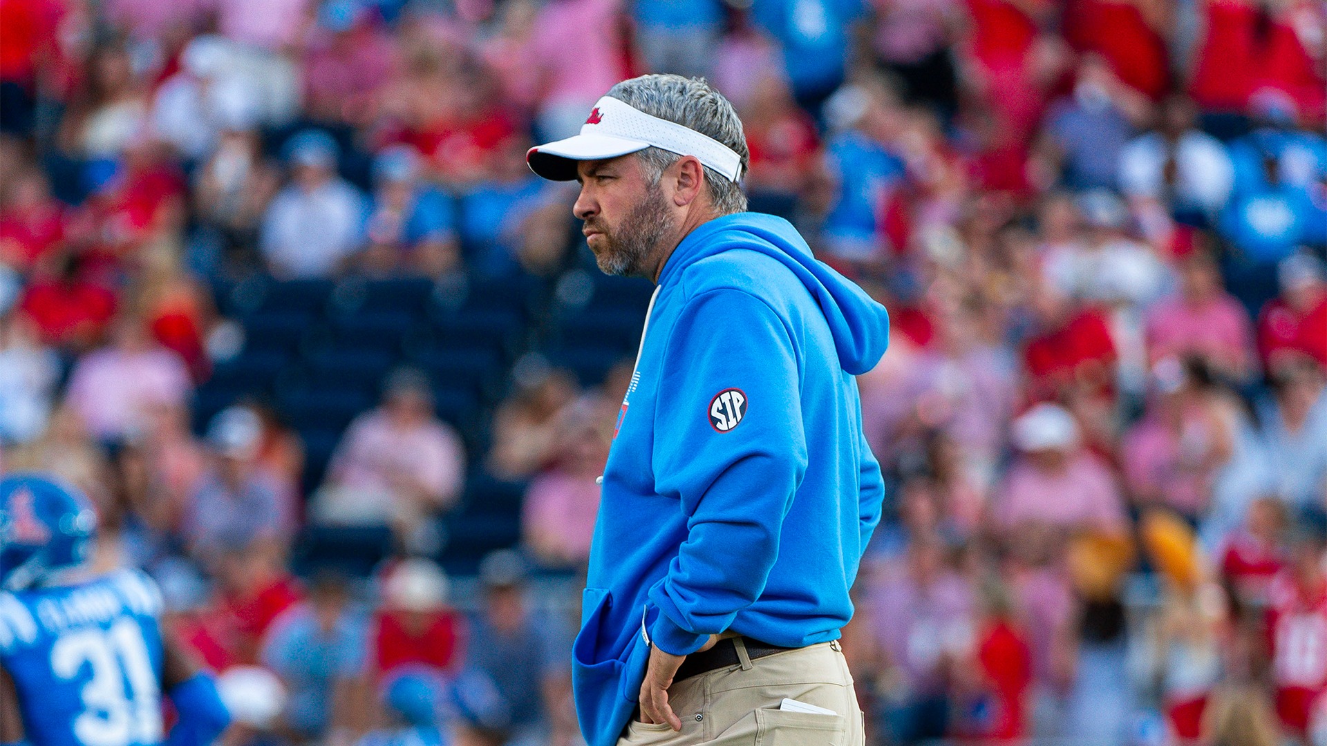 Pete Golding wearing his white Ole Miss visor on the sideline during the Rebels LSU game in 2026