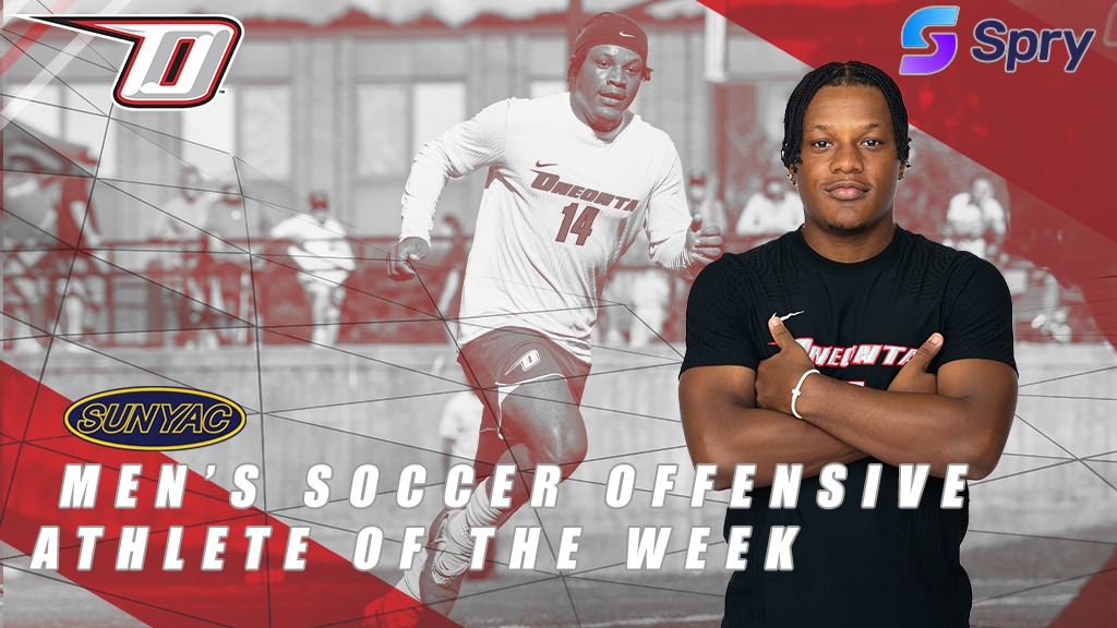 Graphic with SUNYAC Men's Soccer Offensive Athlete of the Week with an action shot of Iyare Harris