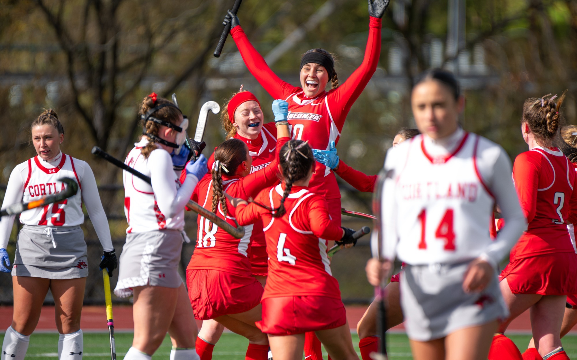 Sarah Stadelmann celebrates with team