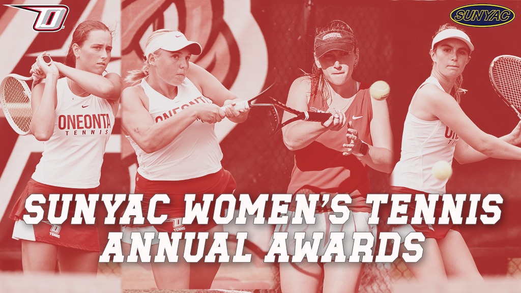 Graphic says SUNYAC Women's Tennis Annual Awards with pics of Rufrano, Peck, Cripe, and Plue