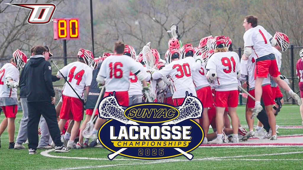 Men's Lacrosse celebrates their 2026 SUNYAC Semifinal win against Potsdam with a graphic that says, 