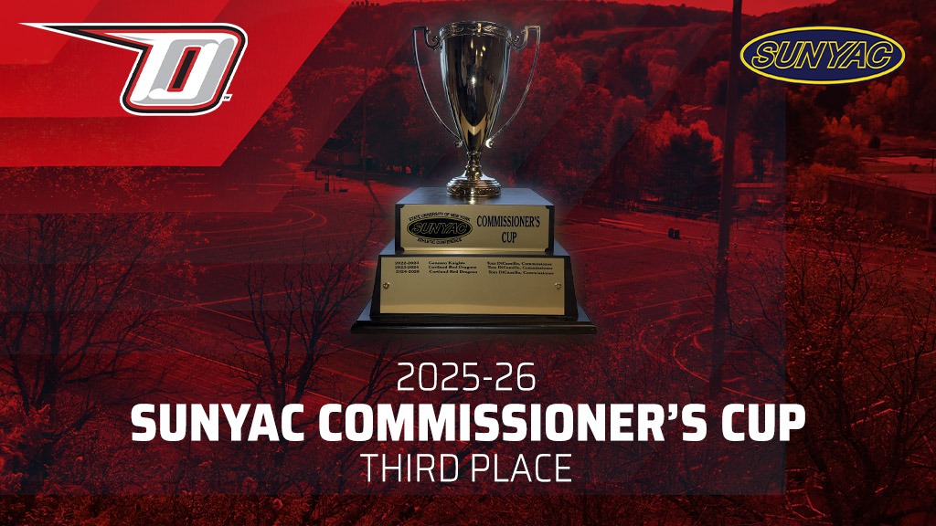 Graphic of the 2025-26 SUNYAC Commissioner's Cup with Oneonta placing third