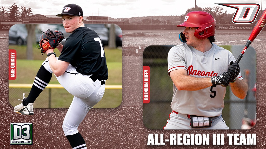 Graphic of Oneonta baseball players Jake Quigley and Brendan Duffy named D3baseball.com All-Region
