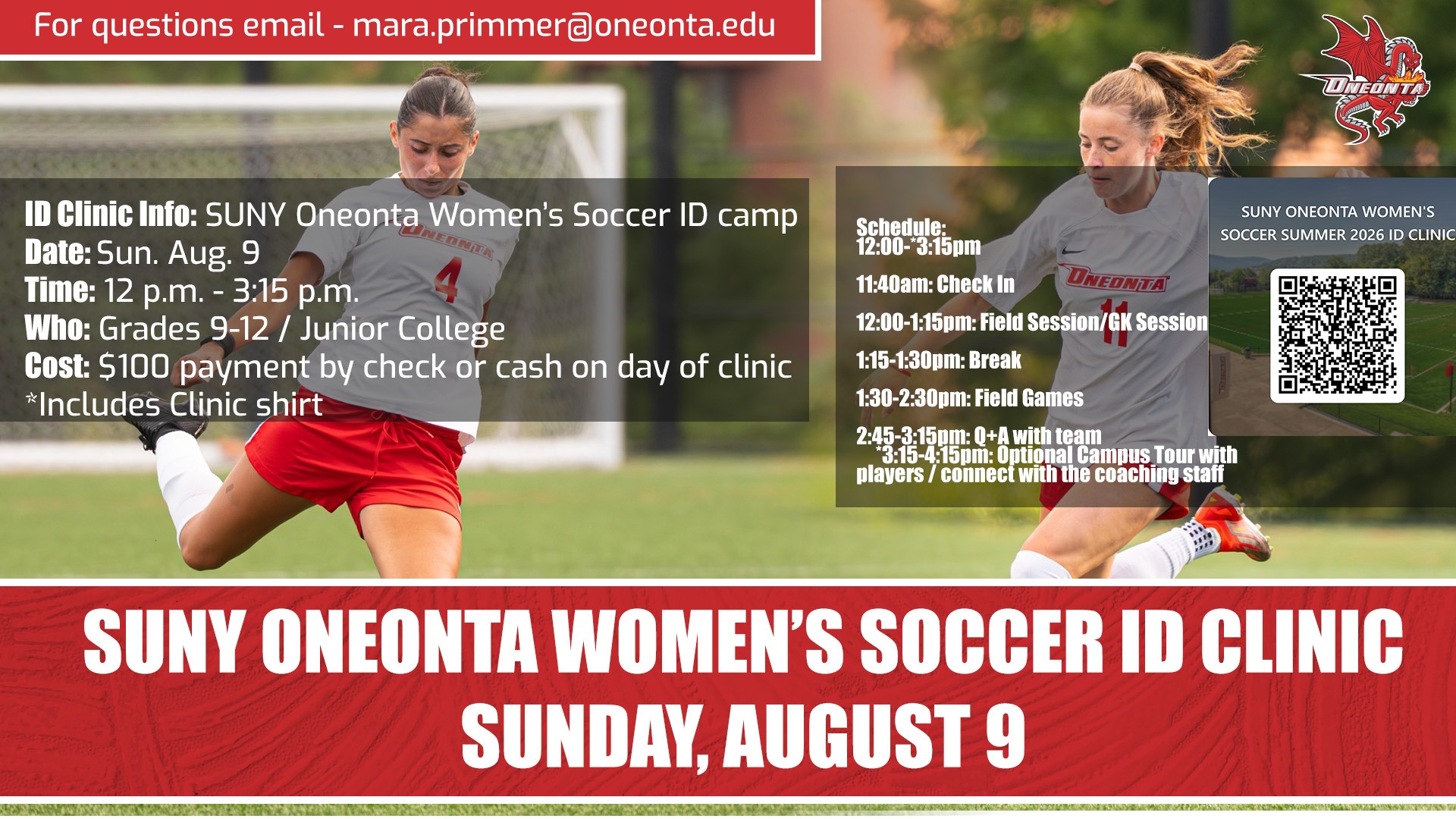Oneonta women's soccer clinic August 9
