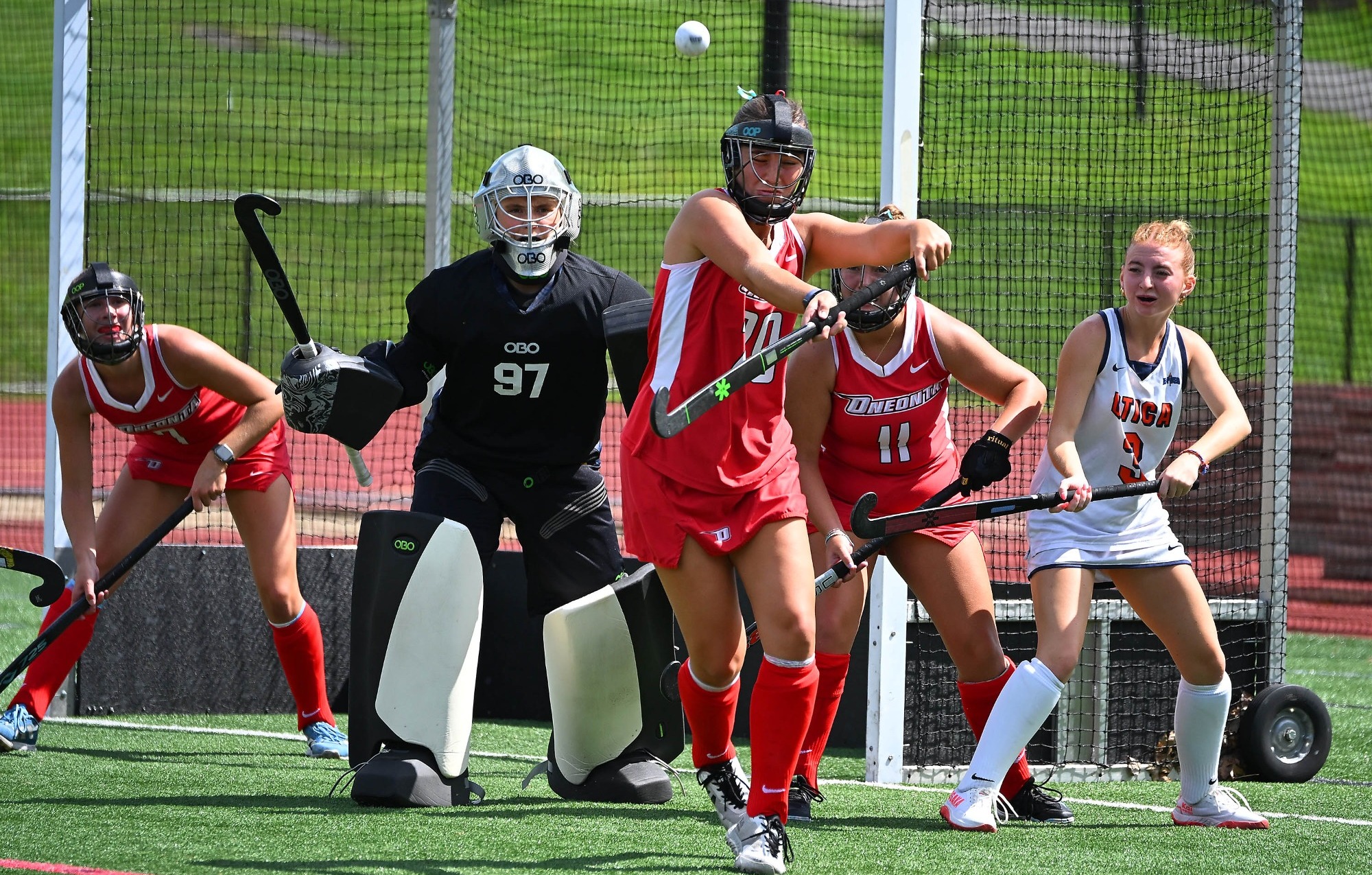 Sarah Stadelmann deflects the ball during a penalty corner against Utica