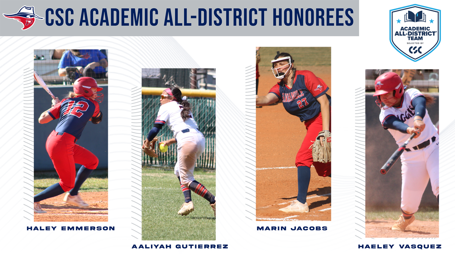 Graphic of 2026 CSC Academic All District Selections: Emmerson, Gutierrez, Jacobs, Vasquez