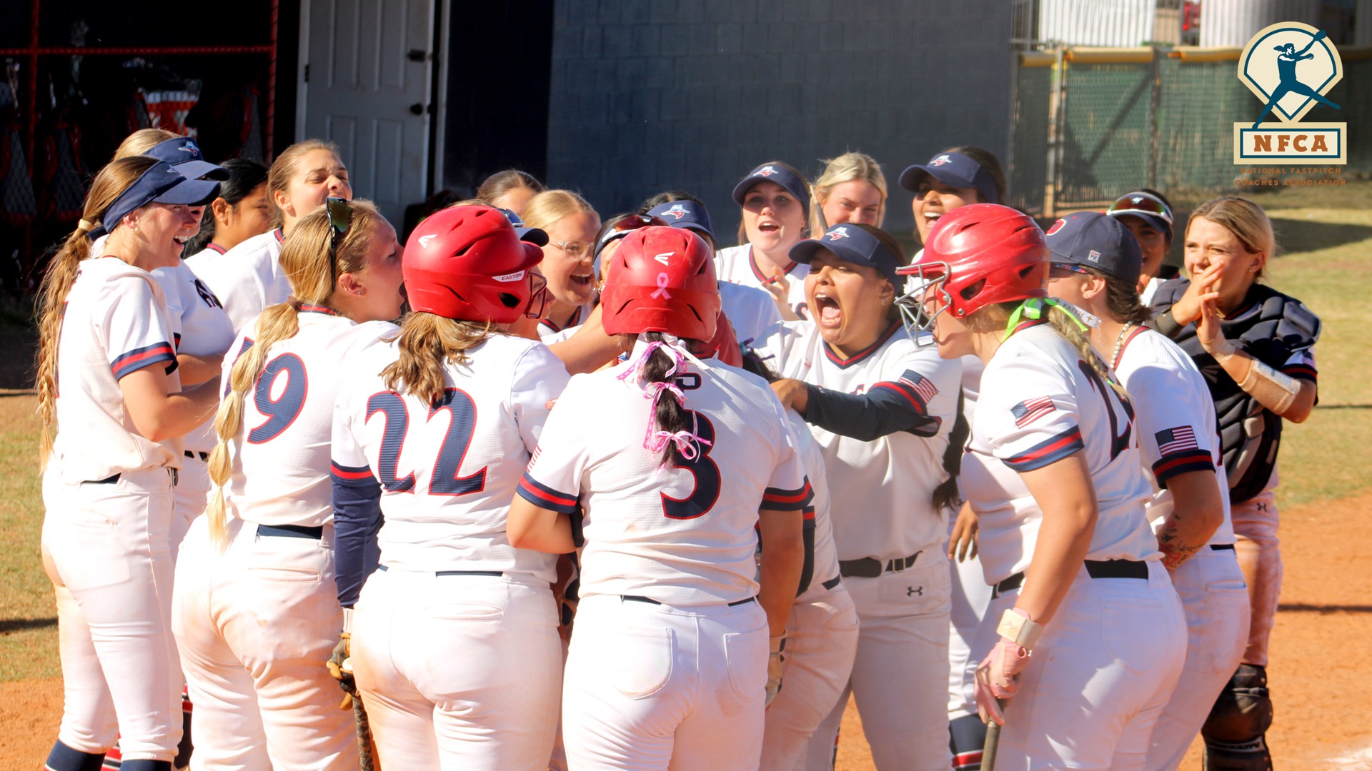 team home run celebration at home plate with NFCA logo
