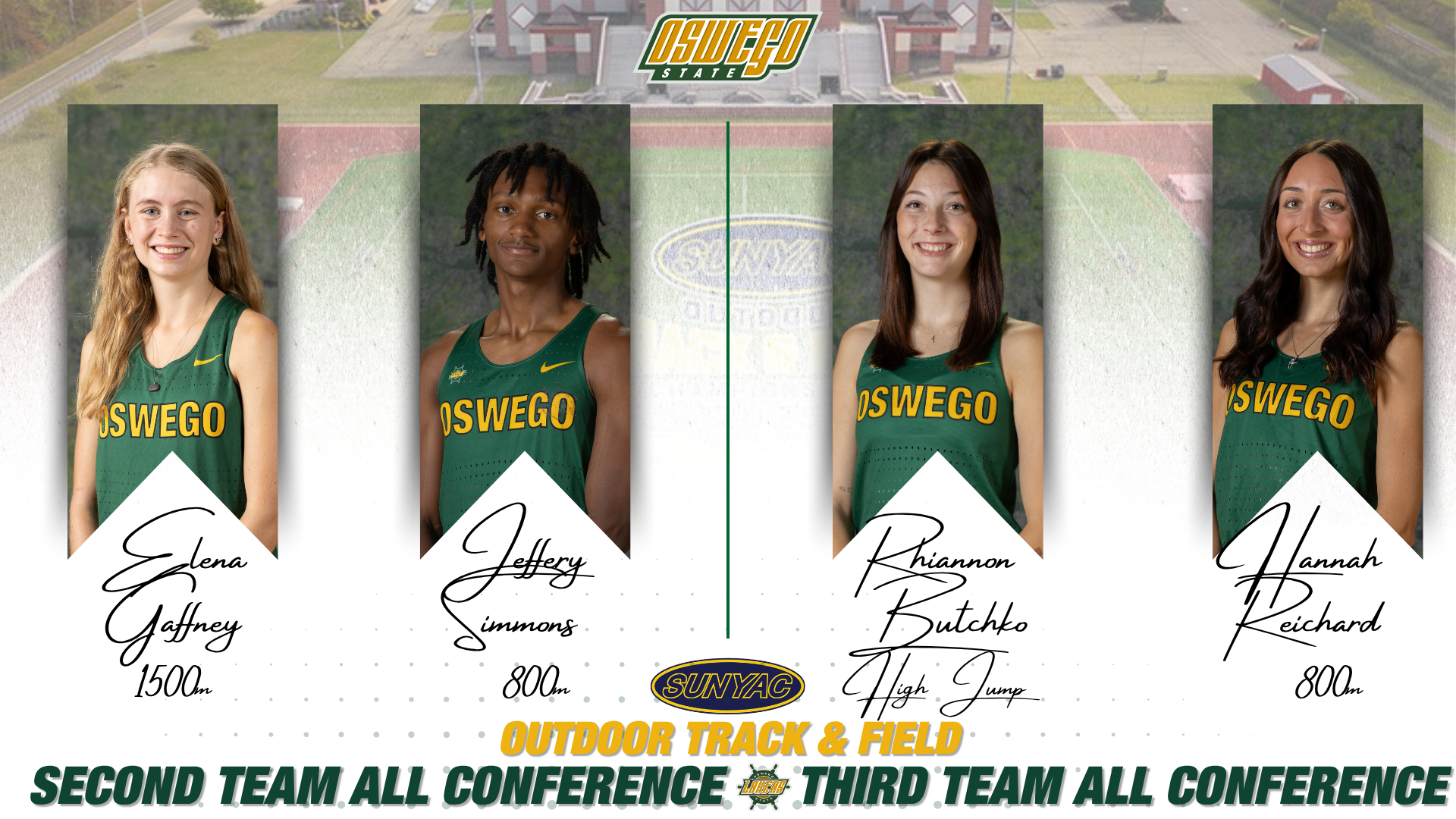 Lakers earn four athletes on outdoor track all conference. Elena Gaffney and Jeffery simons on second team. Hannah Reichard and Rhiannaon butchko on third team. 