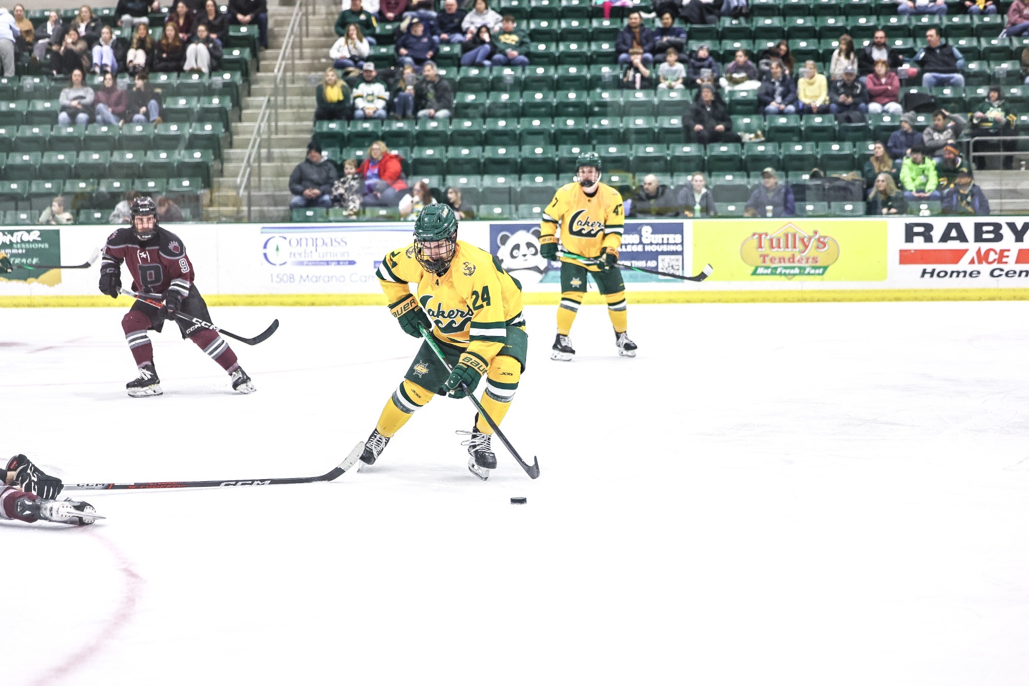 mens ice hockey player handling the puck