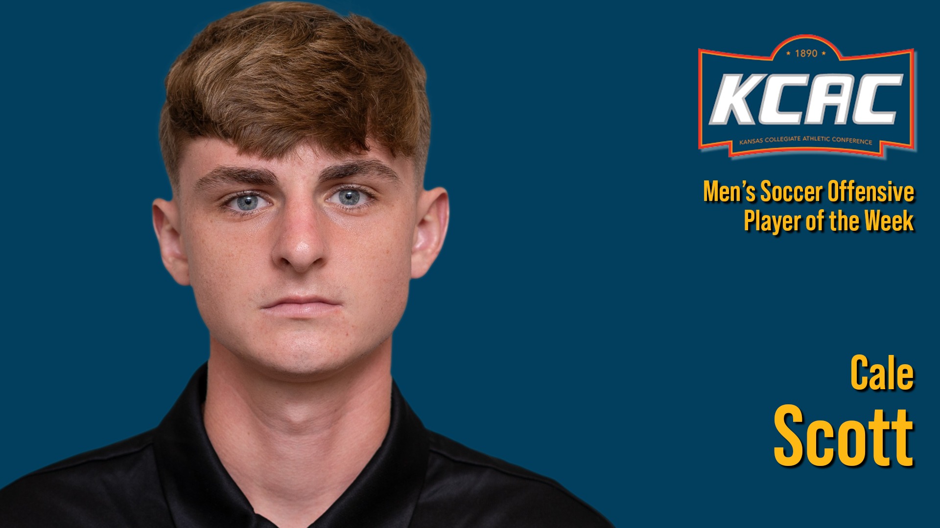 Infographic recognizing Cale Scott as the KCAC Offensive Player of the Week. Includes Scott headshot, KCAC logo, and text: 