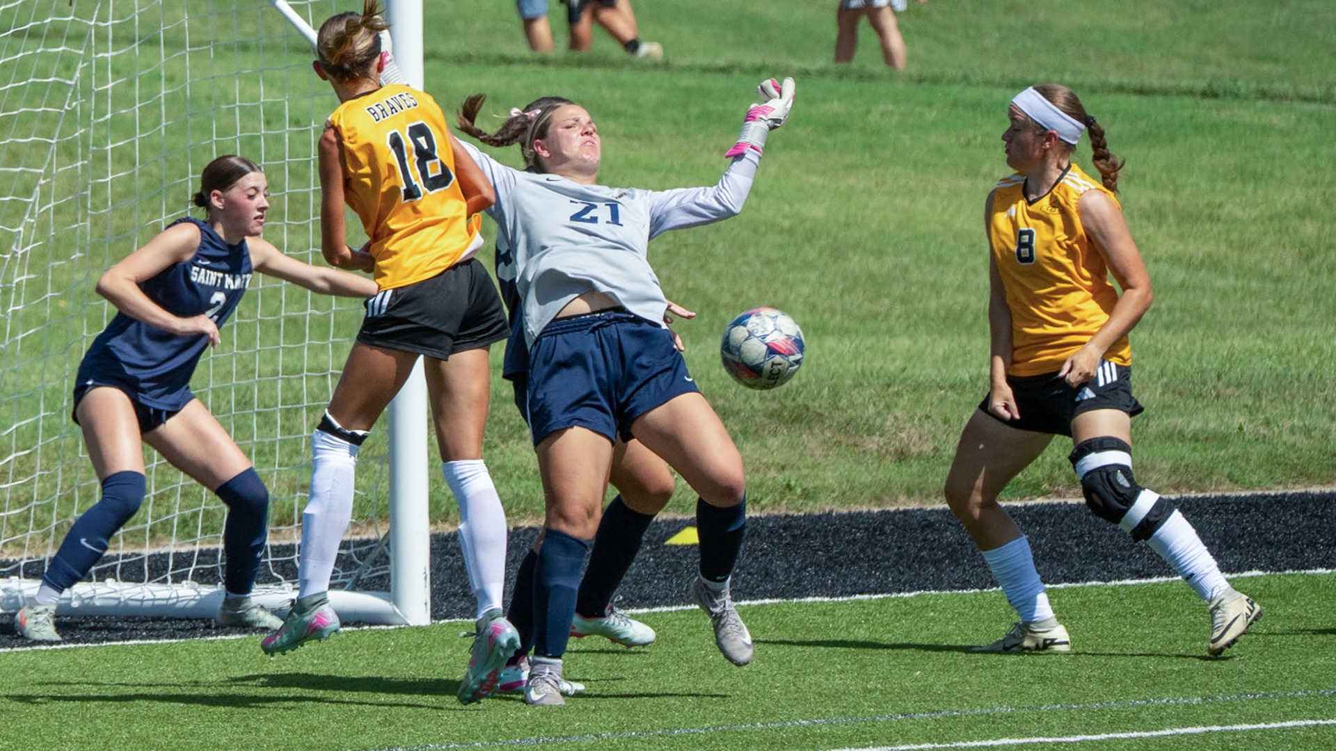 Lily Martin (8) knocks in a goal against the University of Saint Mary during Ottawa's 2-1 KCAC win.