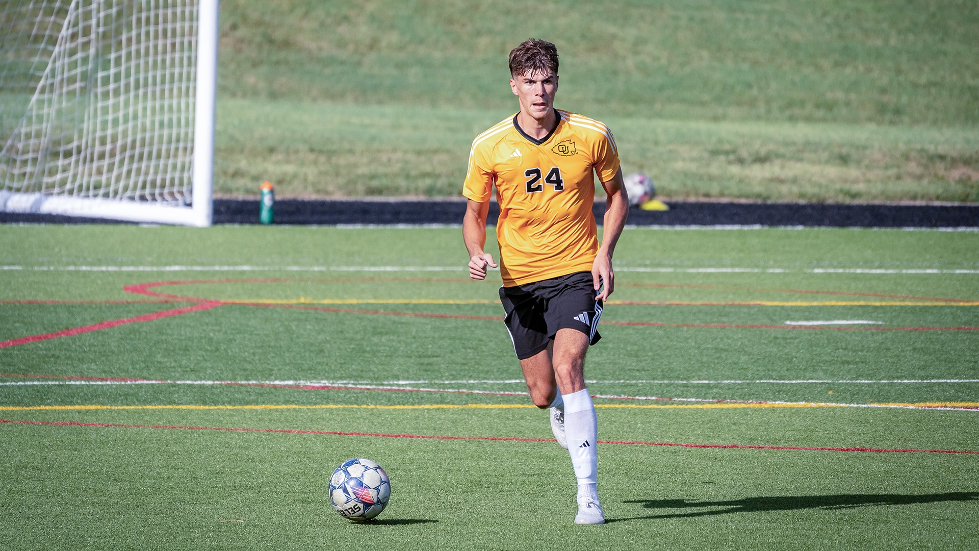 Leo Mautret dribbles upfield during Ottawa's 2-1 win over the University of Saint Mary