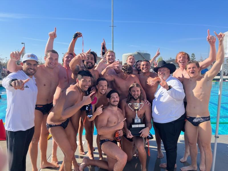 2023 OUAZ Men's Water Polo team celebrating winning the NAIA Finals