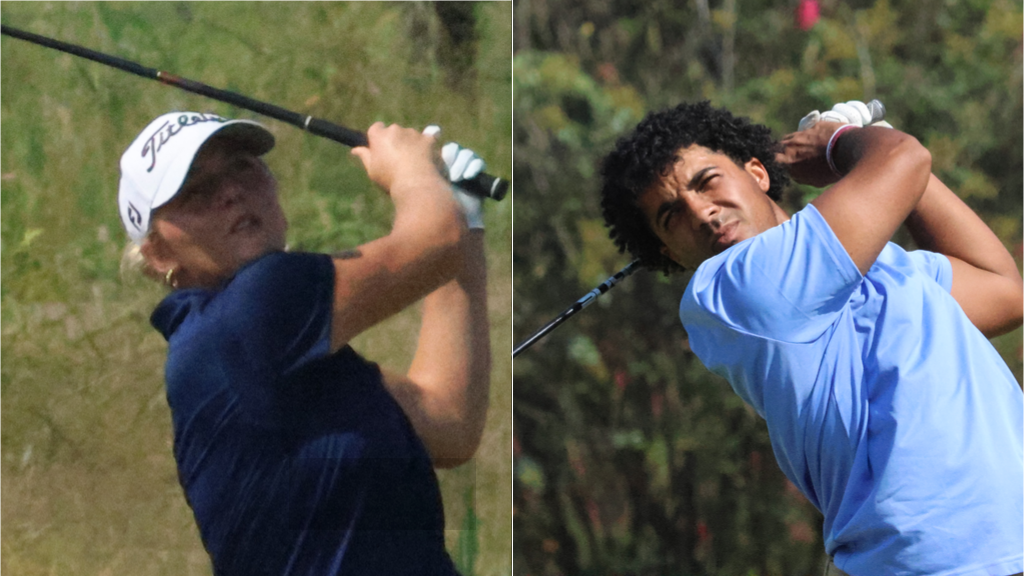 MUW women's golfer Ashley Estabrook and men's golfer Cameron James are pictured hitting shot