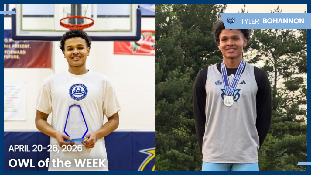 Tyler Bohannon is pictured with his basketball trophy on the left and with his high jump medal on the right
