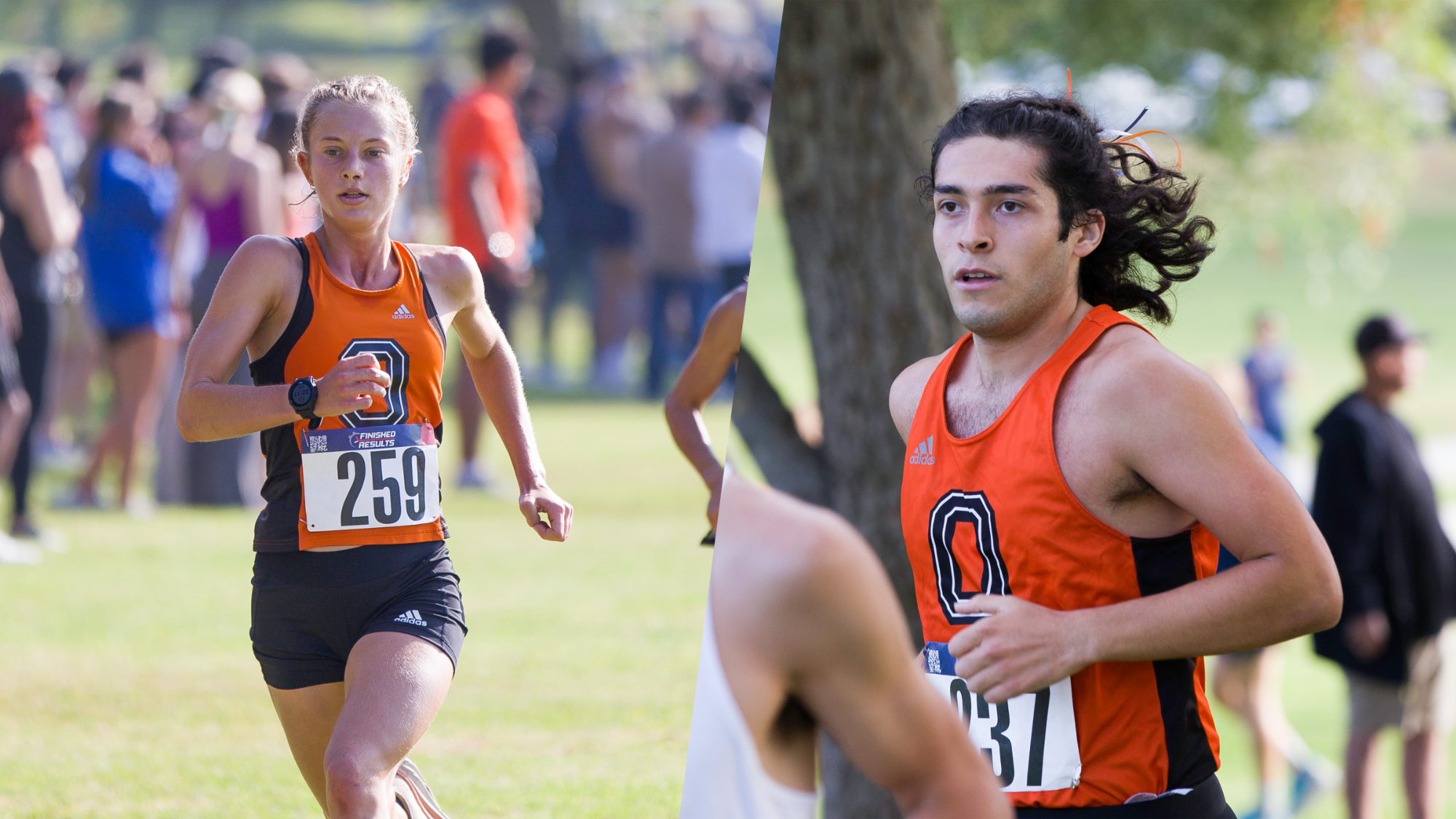 Jillian Rosset (left) and Josh Abeyta (right) running in a race