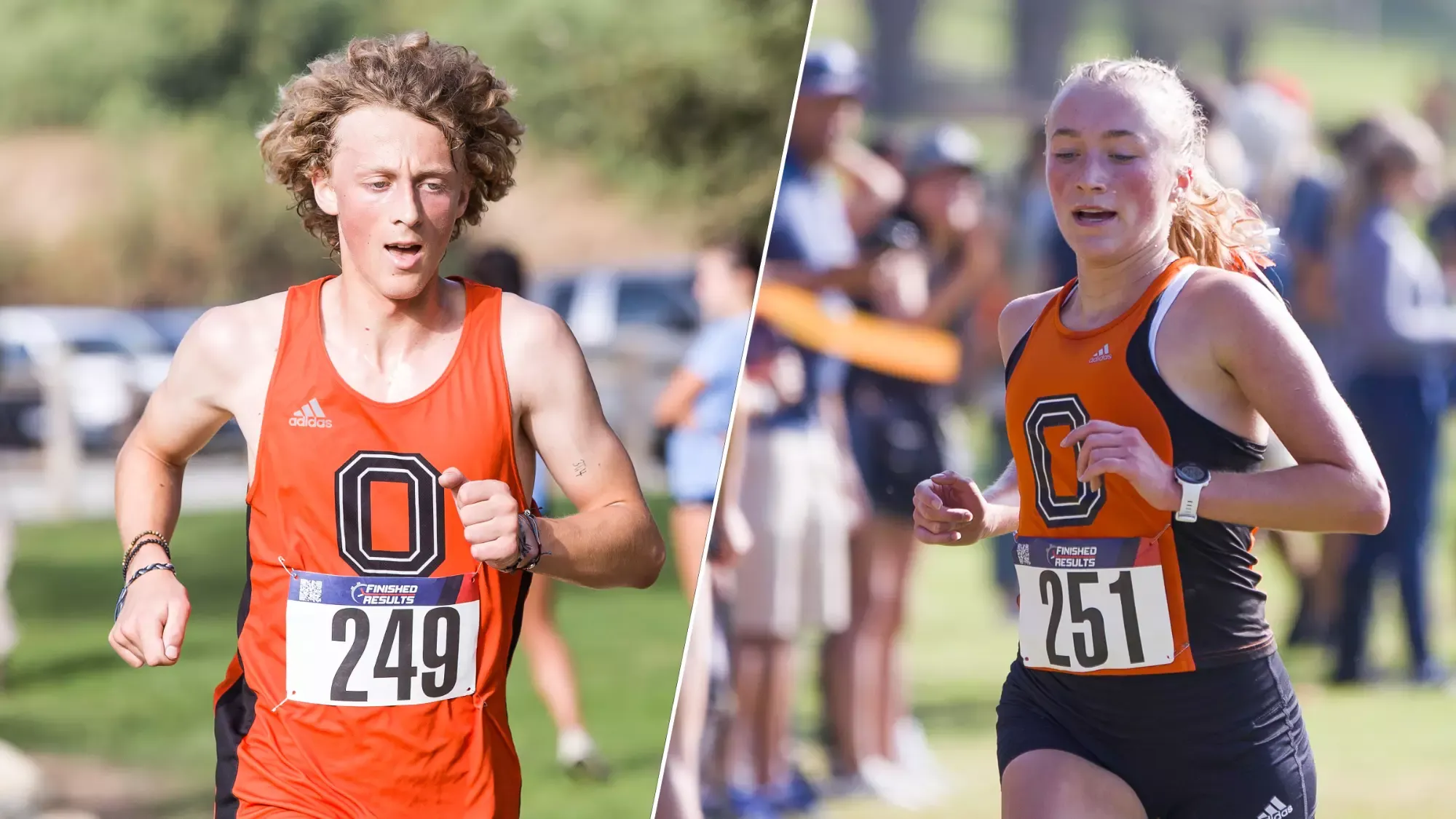 owen voigt left and megan cover right both running quickly to the finish line