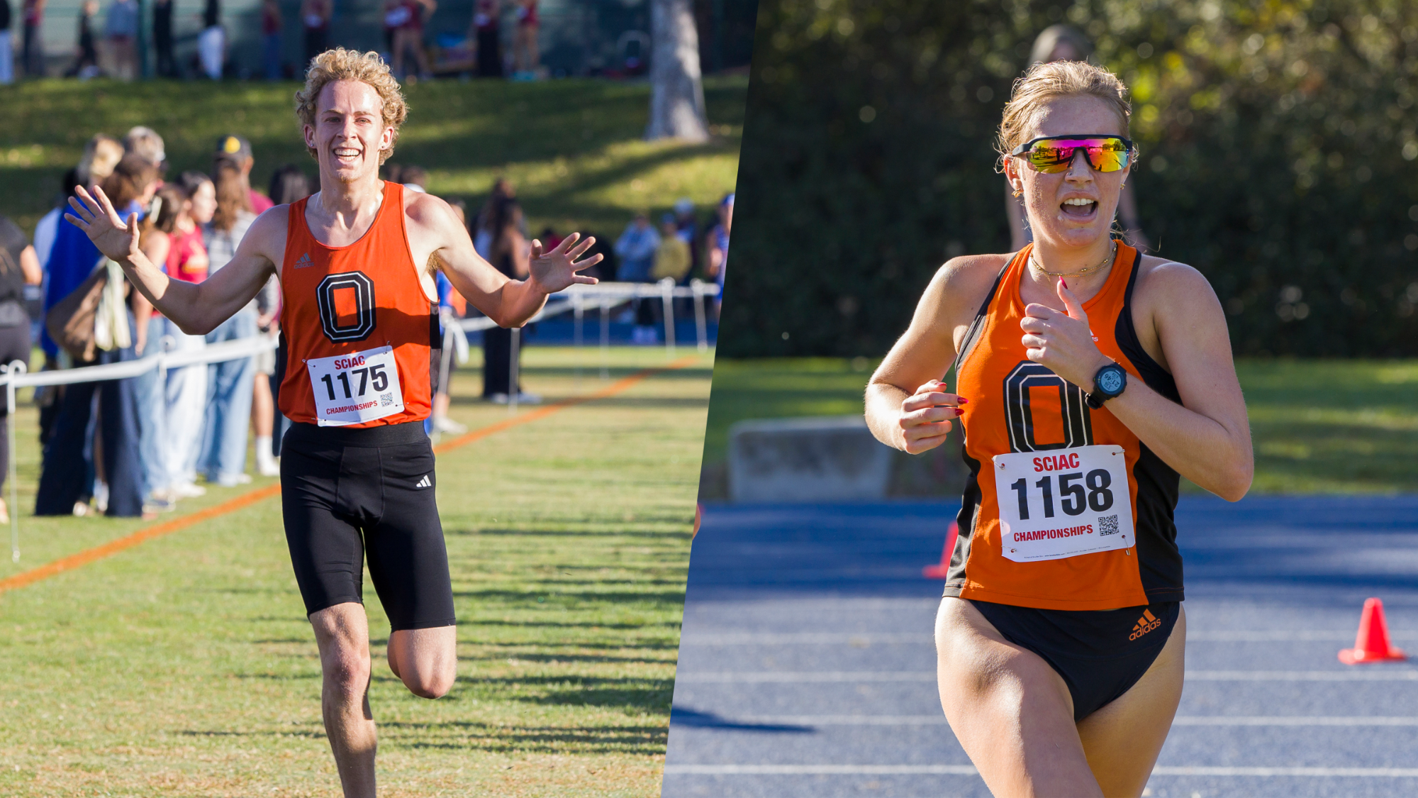 Jack Elfenbaum (left) and Jenna LeNay (right) racing at the 2025 SCIAC Championships