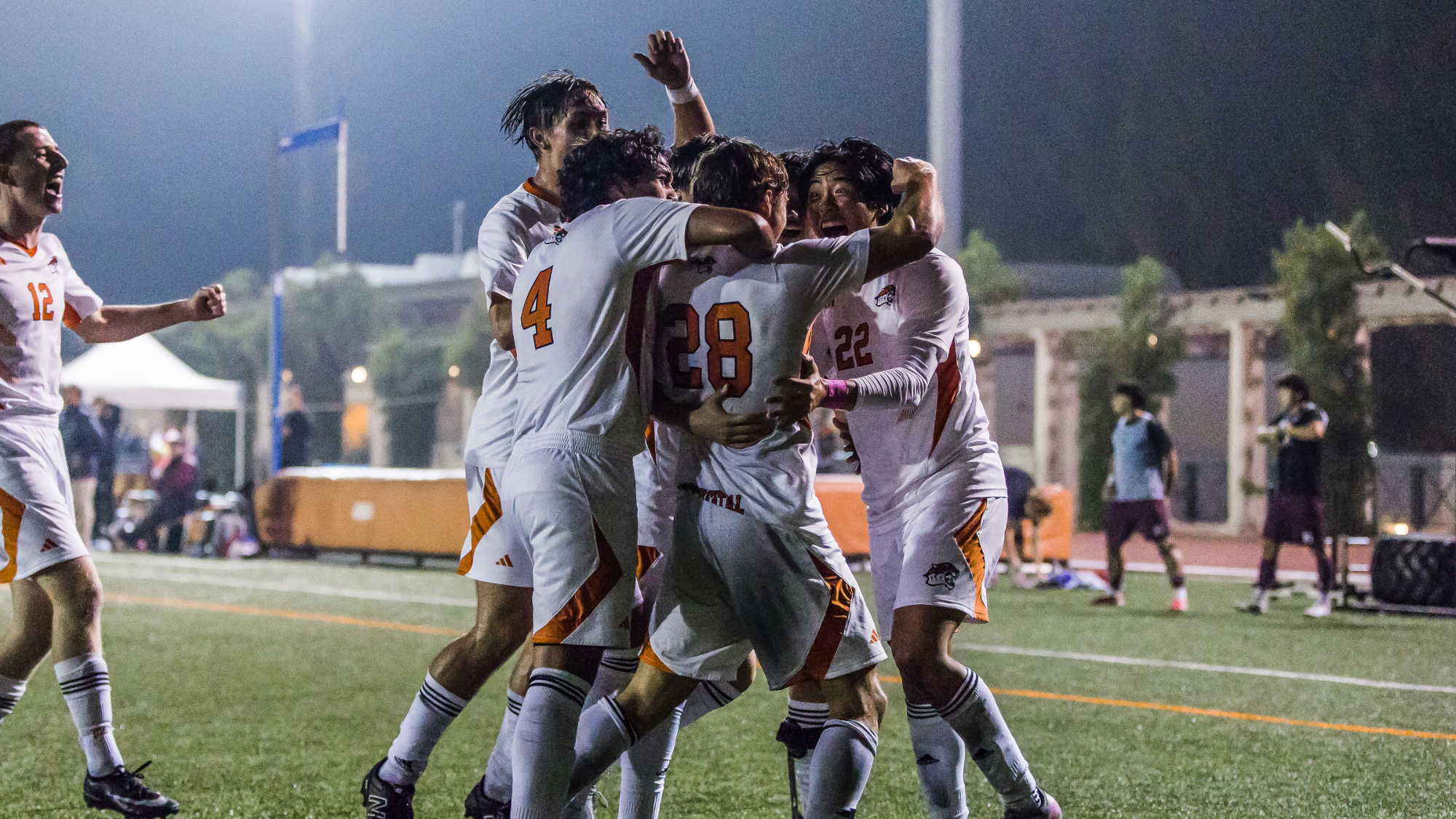 men's soccer celebrates its sciac championship winning goal