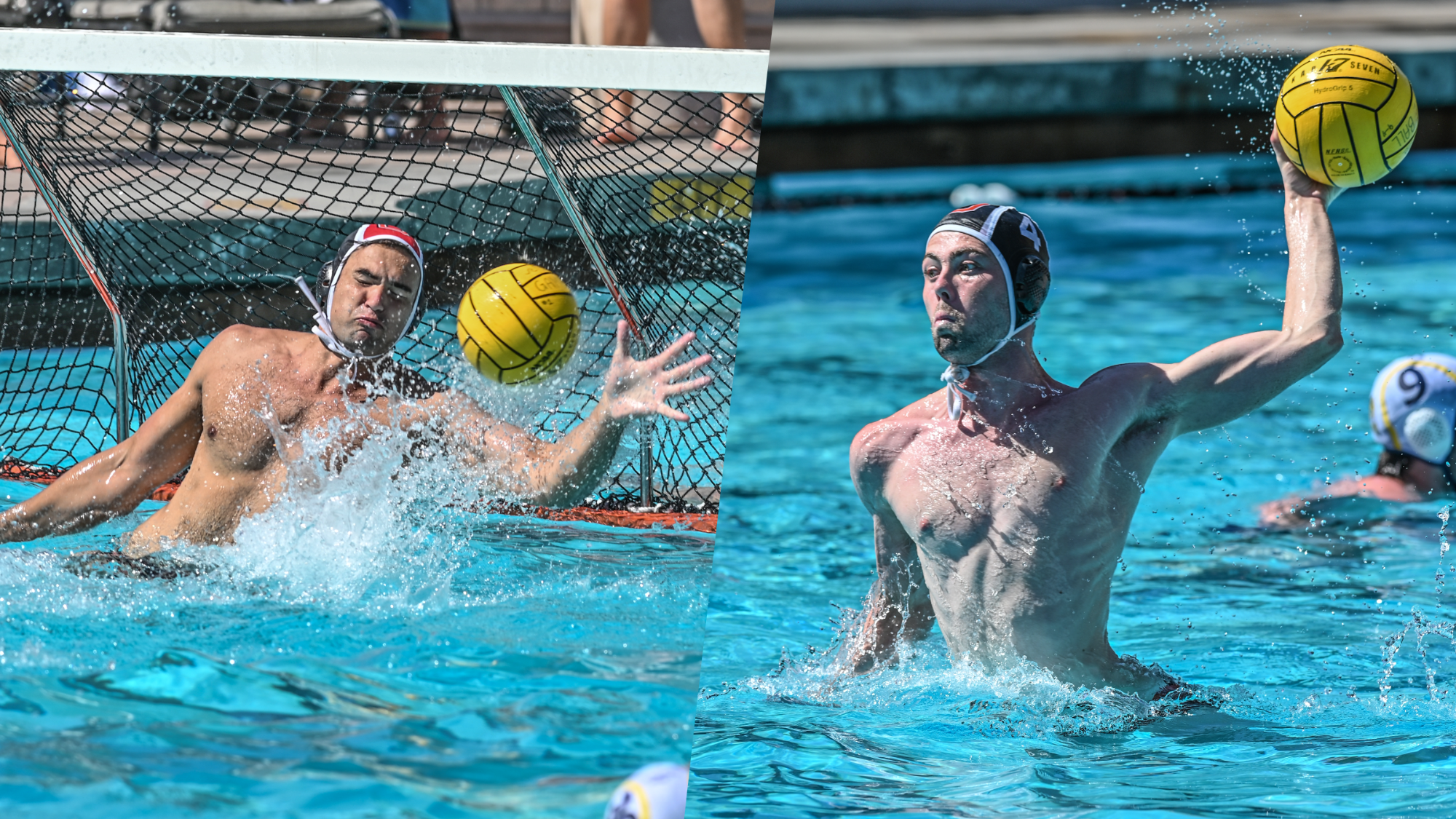 Jack Schroeder (left) makes a save on a shot, Travis Hughes (right) shoots a five-meter penalty