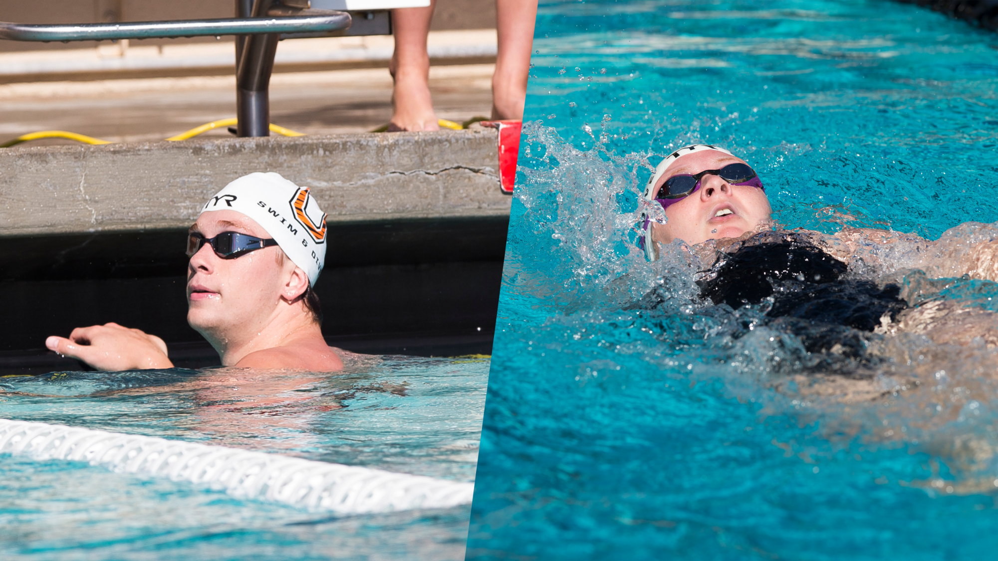 swimmer on the left looks at his time on the board, swimmer on the right does the back stroke