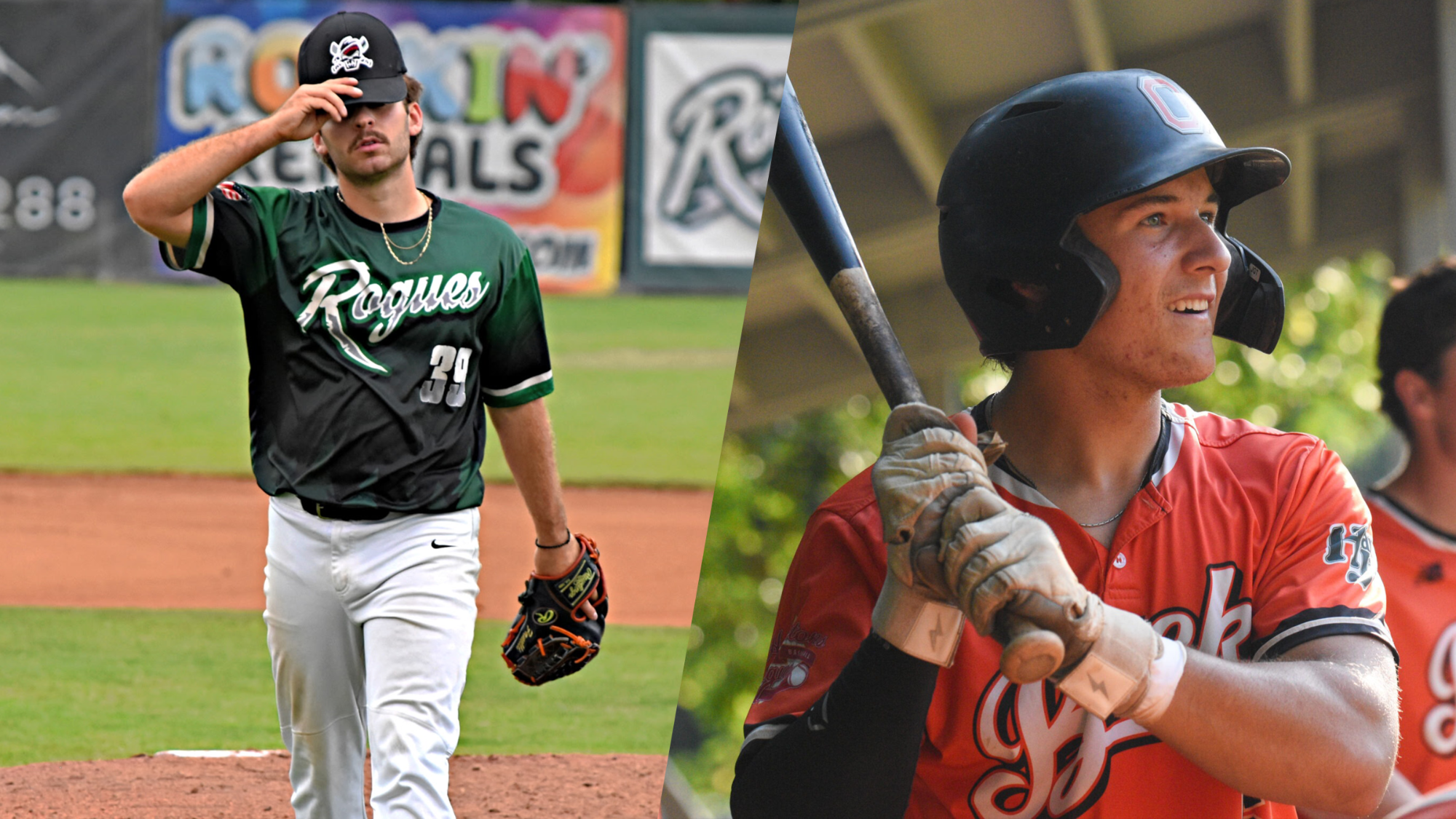 Dylan Fanelli (left) walks off the mound during a start for the Medford Rogues. Thomas Munch (right) awaits his next at bat inside the Shelter Island Bucks' dugout.