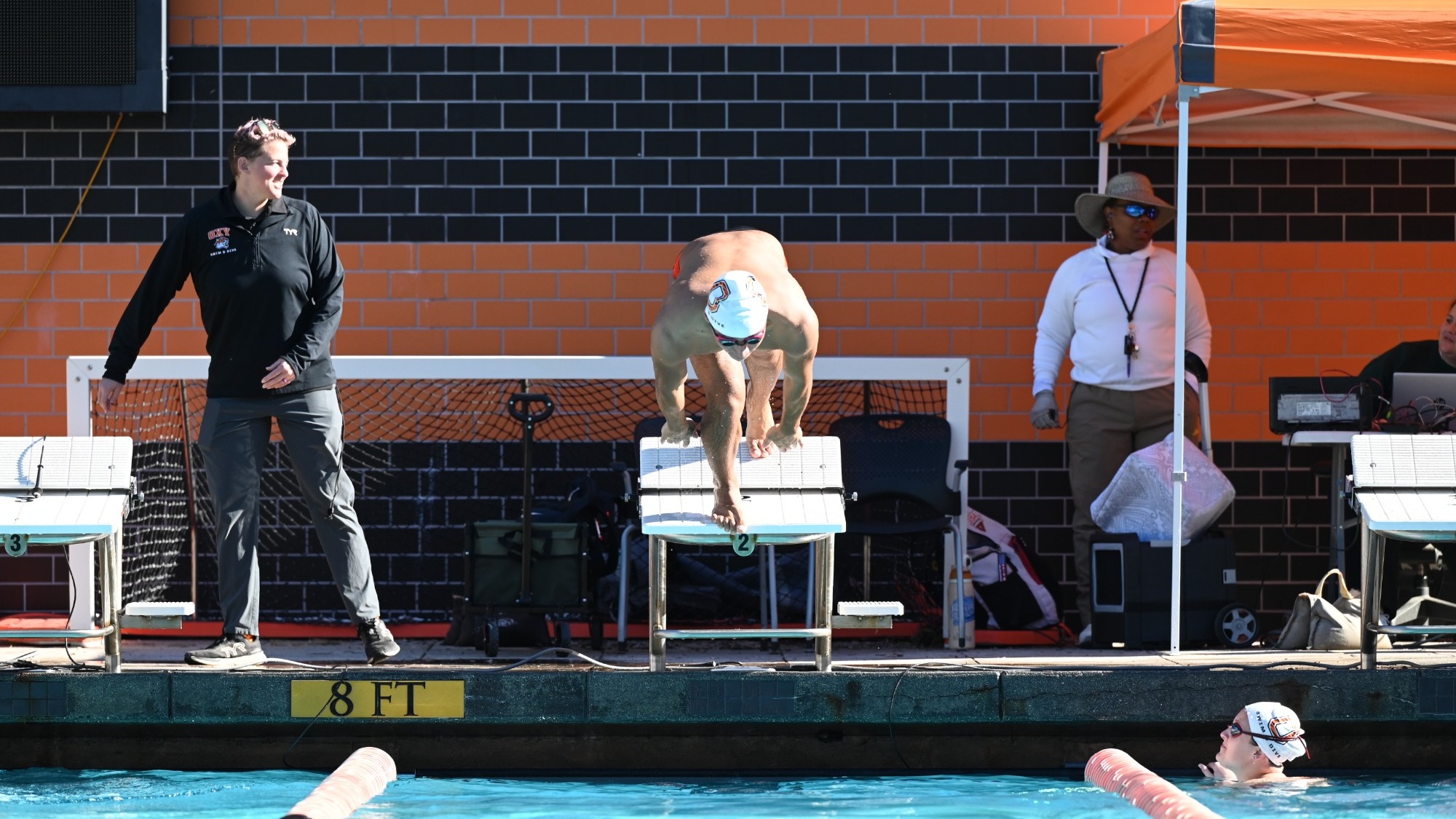 Swimmer dives into the pool