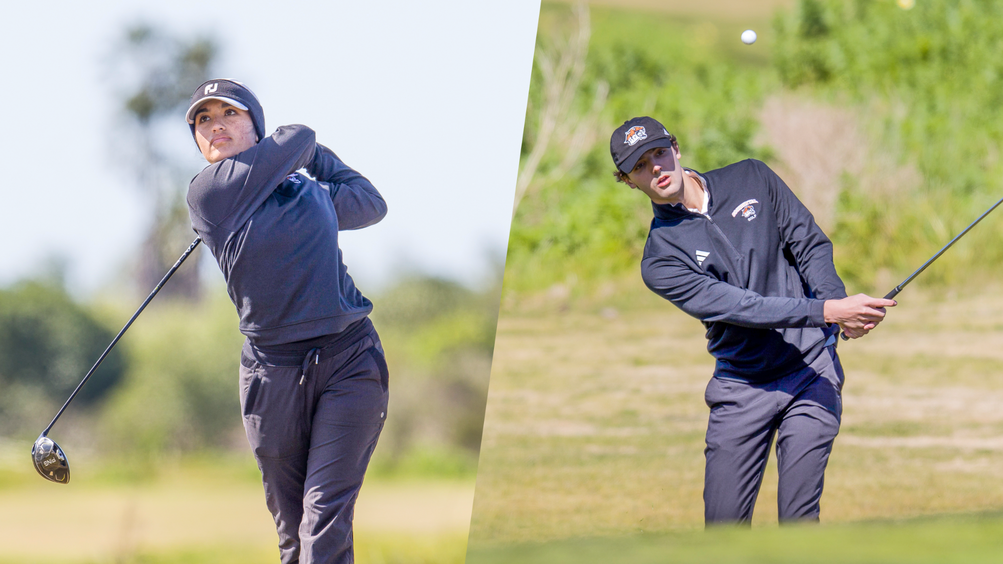 Rachel Aujero hits a tee shot (left) and Owen Wolak hits a chip shot (right)