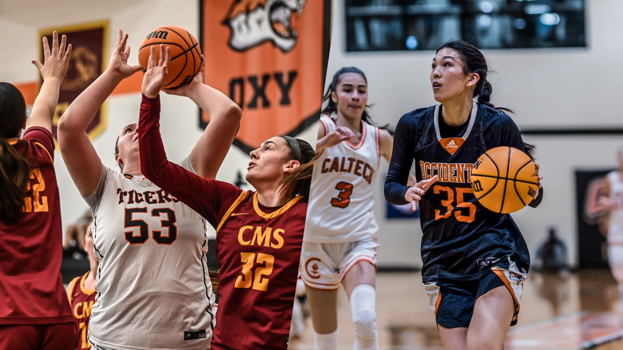 Ainsley Shelsta shooting a layup (left) and Paige Yasukochi driving to the basket (right)