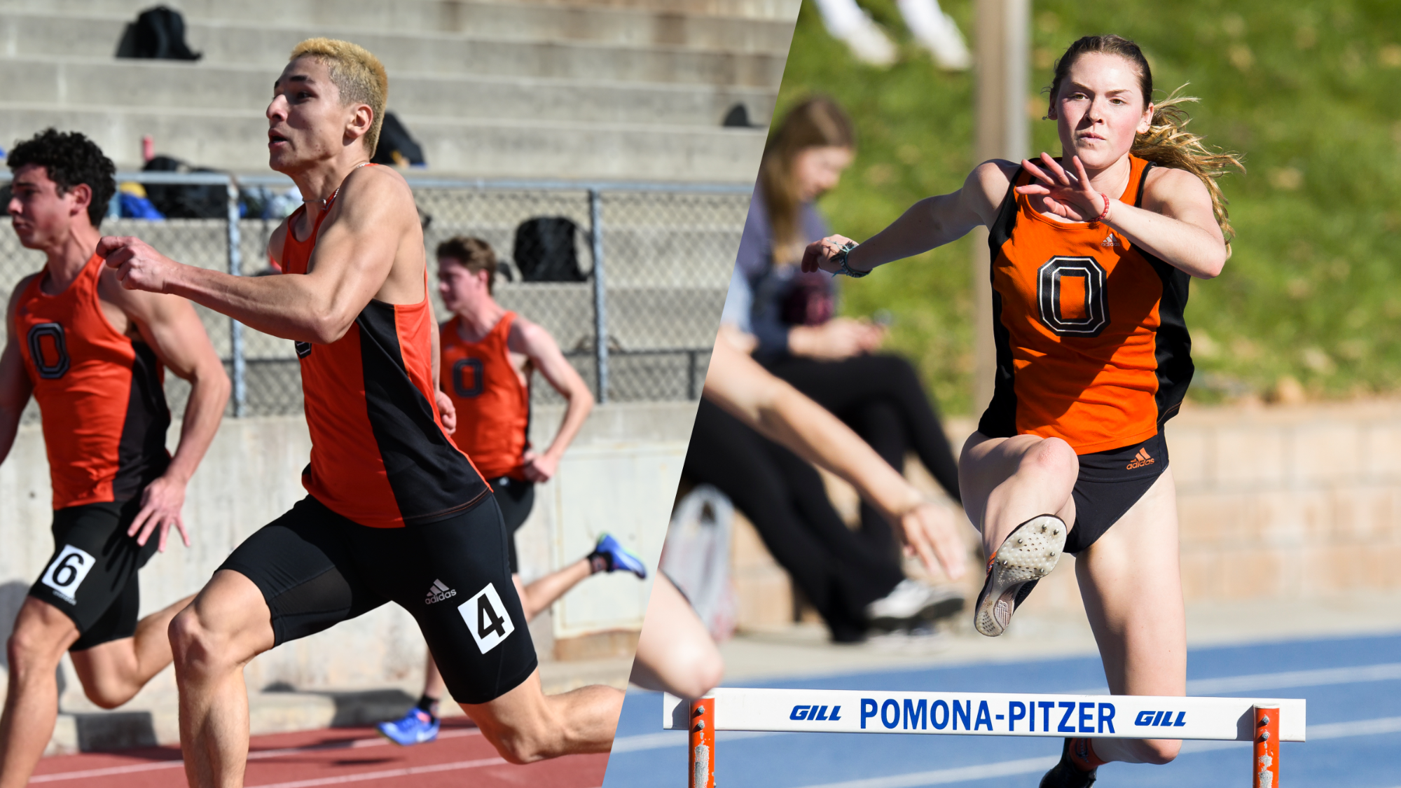 shane kawakami-williams racing (left), brooke tompkins hurdling (right)