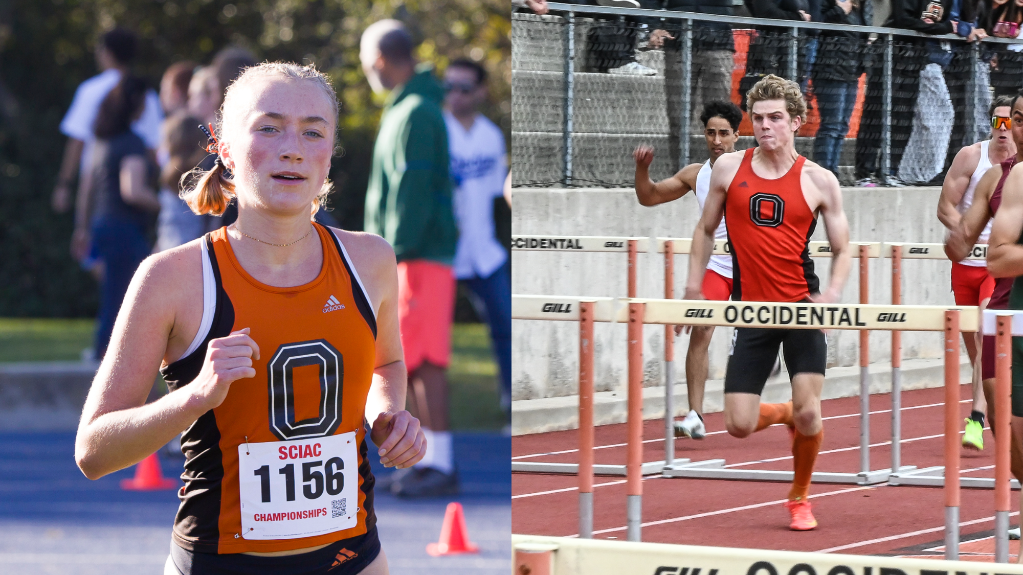 Megan Cover running (left), James Buellesback hurdling (right)