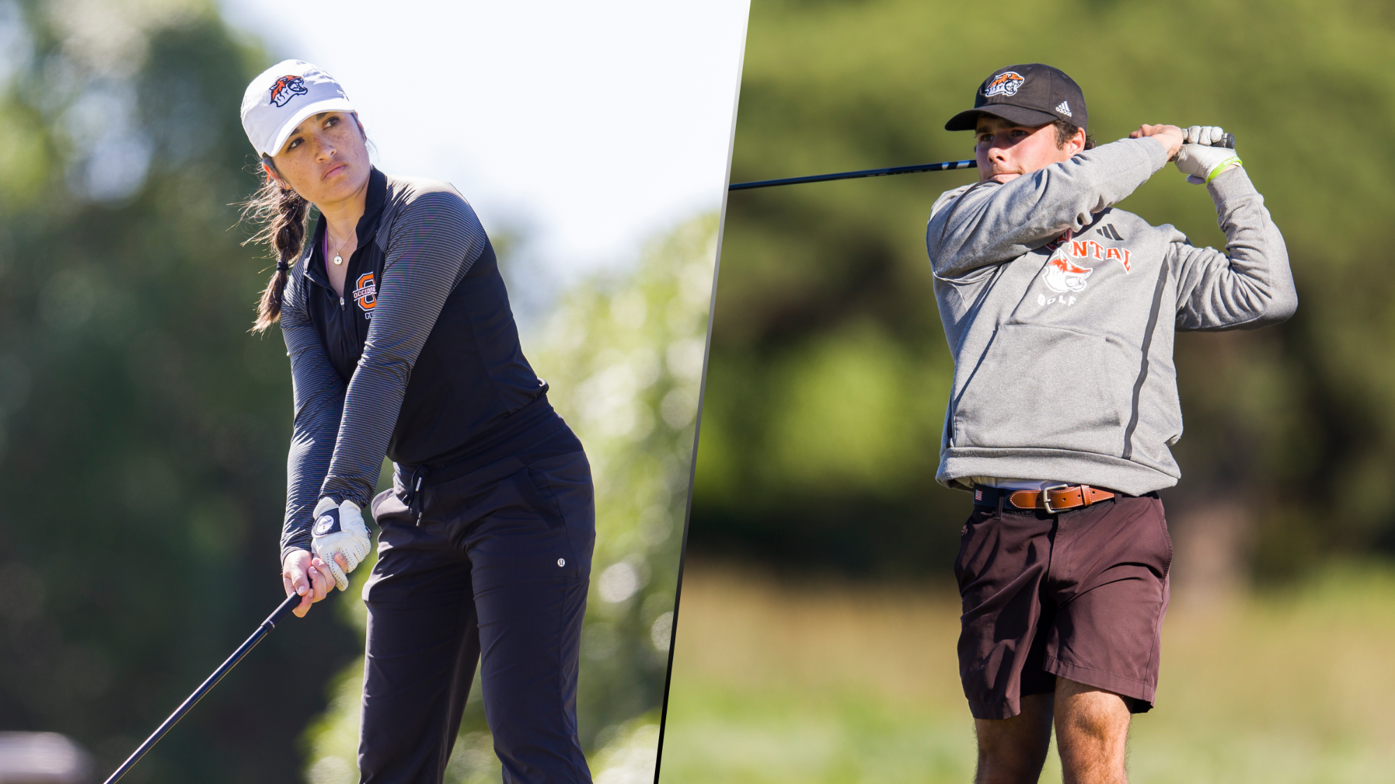Rachel Aujero (left) and Daniel Rowe (right) each hitting tee shots