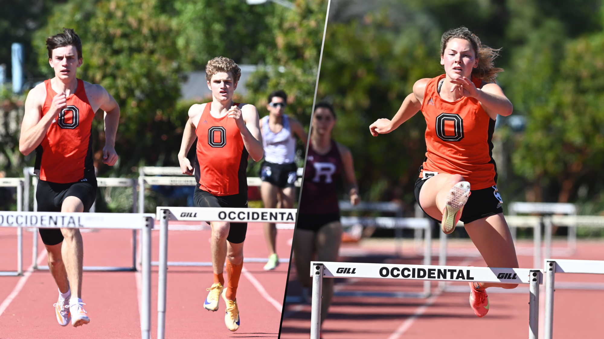 Peter Villano and James Buellesbach (left) and Brooke Tompkins (right) running the 400 hurdles