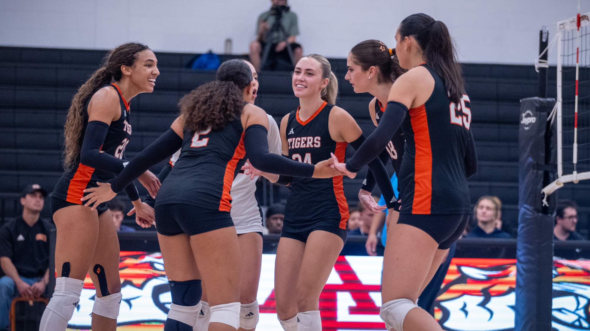 Women's volleyball celebrates a point at the net