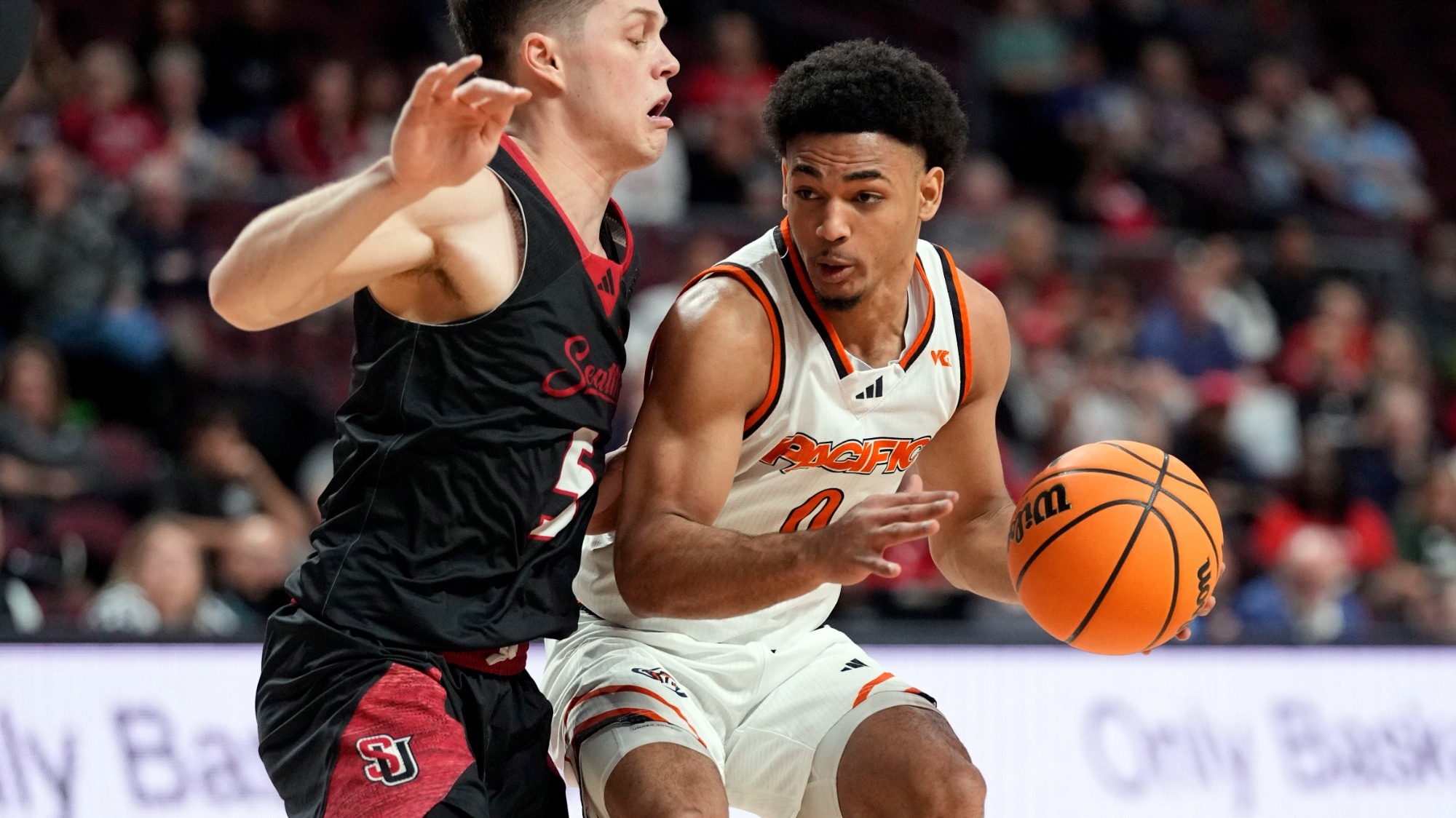 March 7, 2026; Las Vegas, NV, USA; Pacific Tigers guard Alexis Marmolejos (0) during the second half of the WCC Basketball Championships at Orleans Arena.